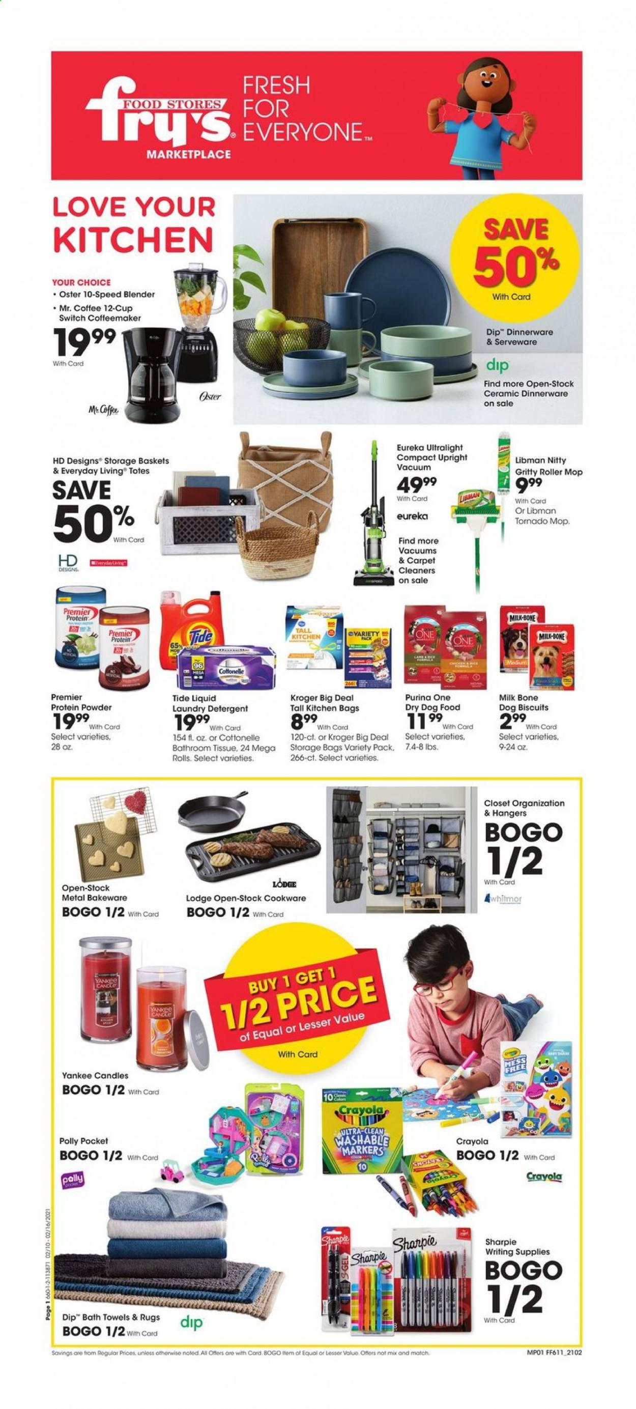thumbnail - Fry’s Flyer - 02/10/2021 - 02/16/2021 - Sales products - milk, dip, coffee, bath tissue, Cottonelle, tissues, detergent, Tide, laundry detergent, basket, hanger, storage bag, mop, cookware set, dinnerware set, cup, serveware, bakeware, crayons, Sharpie, writing supplies, candle, Yankee Candle, bath towel, towel, animal food, dog food, Purina, dog biscuits, dry dog food, vacuum cleaner, blender, roller, whey protein. Page 1.