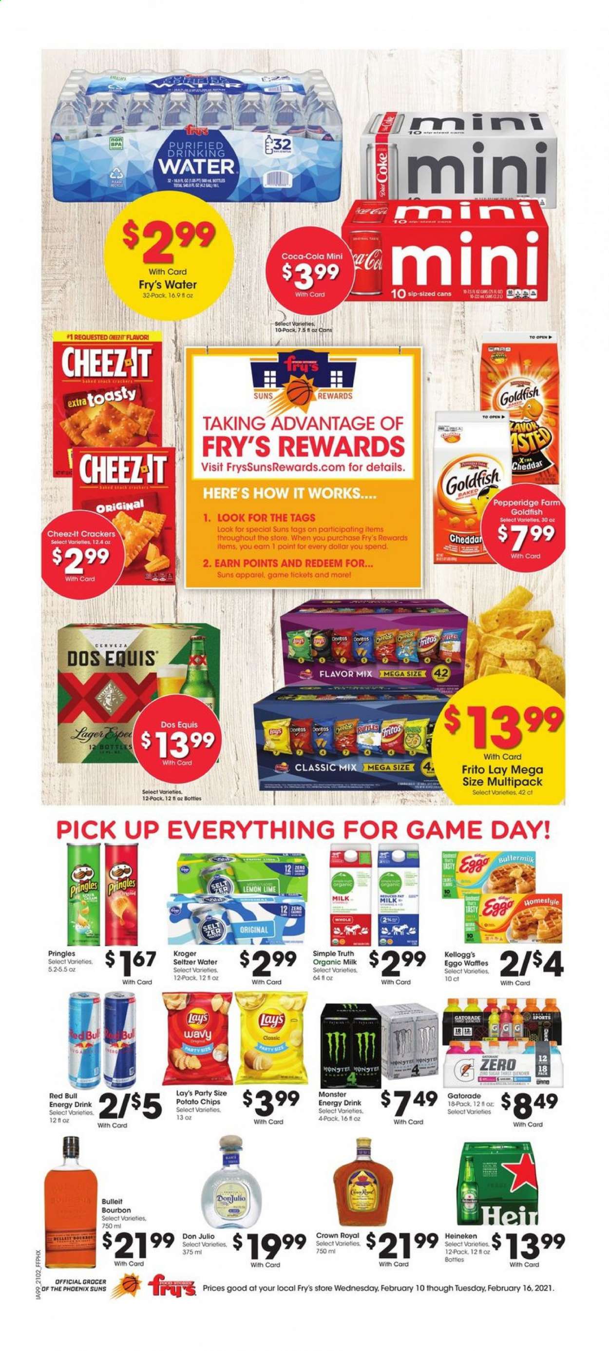 thumbnail - Fry’s Flyer - 02/10/2021 - 02/16/2021 - Sales products - waffles, cheddar, organic milk, crackers, Kellogg's, potato chips, Pringles, chips, Lay’s, Goldfish, Cheez-It, sugar, Fritos, Coca-Cola, energy drink, Monster, Red Bull, Gatorade, seltzer water, bourbon, beer, Dos Equis, Heineken, Lager. Page 1.