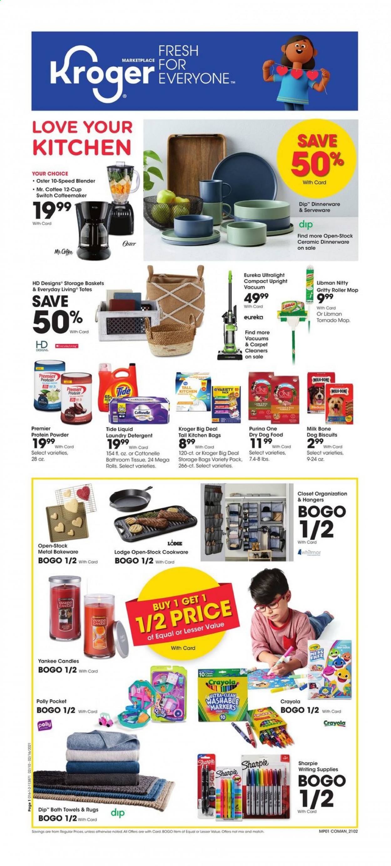 thumbnail - Kroger Flyer - 02/10/2021 - 02/16/2021 - Sales products - closet system, milk, dip, coffee, bath tissue, Cottonelle, tissues, detergent, Tide, laundry detergent, basket, hanger, storage bag, mop, cookware set, dinnerware set, cup, serveware, bakeware, crayons, Sharpie, writing supplies, candle, Yankee Candle, bath towel, towel, animal food, dog food, Purina, dog biscuits, dry dog food, vacuum cleaner, blender, roller, tote, rug, whey protein. Page 1.