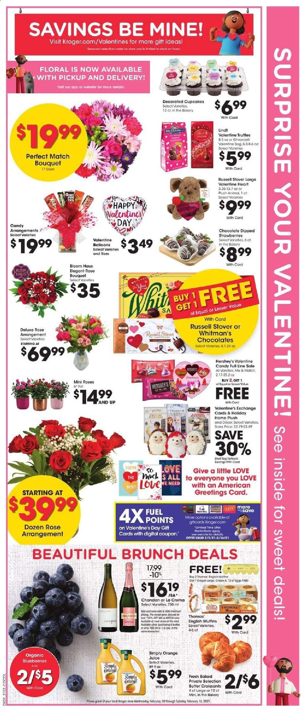 thumbnail - Kroger Flyer - 02/10/2021 - 02/16/2021 - Sales products - blueberries, cupcake, croissant, eggs, Hershey's, chocolate, Lindt, Ghirardelli, juice, wine, beer, pot, valentine bag, balloons, bouquet, rose. Page 2.