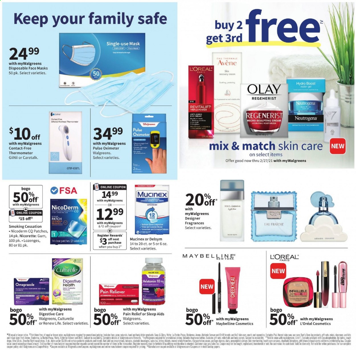 thumbnail - Walgreens Flyer - 02/14/2021 - 02/20/2021 - Sales products - Dolce & Gabbana, Digestive, Thins, Boost, Vichy, soap, L’Oréal, La Roche-Posay, moisturizer, Neutrogena, Olay, body lotion, eye cream, fragrance, pain relief, Culturelle, Delsym, Melatonin, Mucinex, NicoDerm, Nicorette, vitamin c, cough drops, thermometer, face mask, pulse oximeter. Page 3.