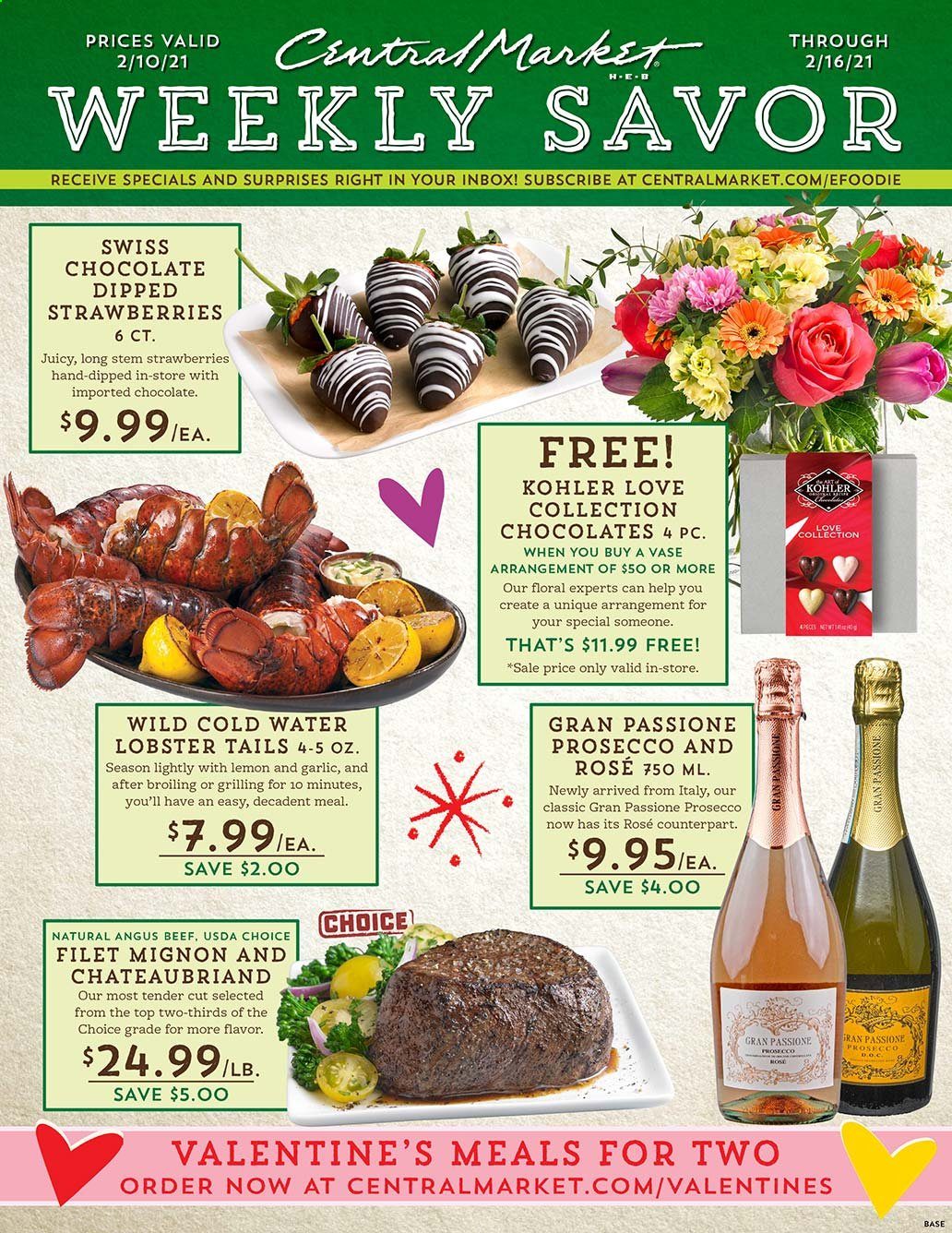thumbnail - Central Market Flyer - 02/10/2021 - 02/16/2021 - Sales products - lobster, lobster tail, chocolate, garlic, prosecco, beef meat, Counterpart. Page 1.