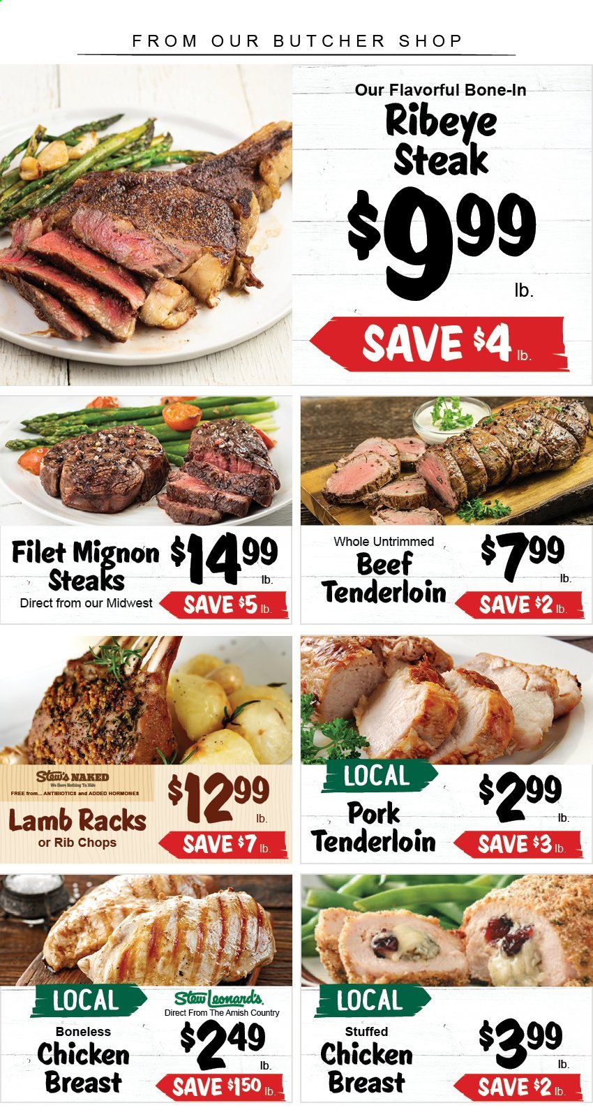 thumbnail - Stew Leonard's Flyer - 02/10/2021 - 02/16/2021 - Sales products - chicken breasts, beef meat, beef steak, steak, beef tenderloin, bone-in ribeye, ribeye steak, pork meat, pork tenderloin, rib chops, stuffed chicken. Page 1.
