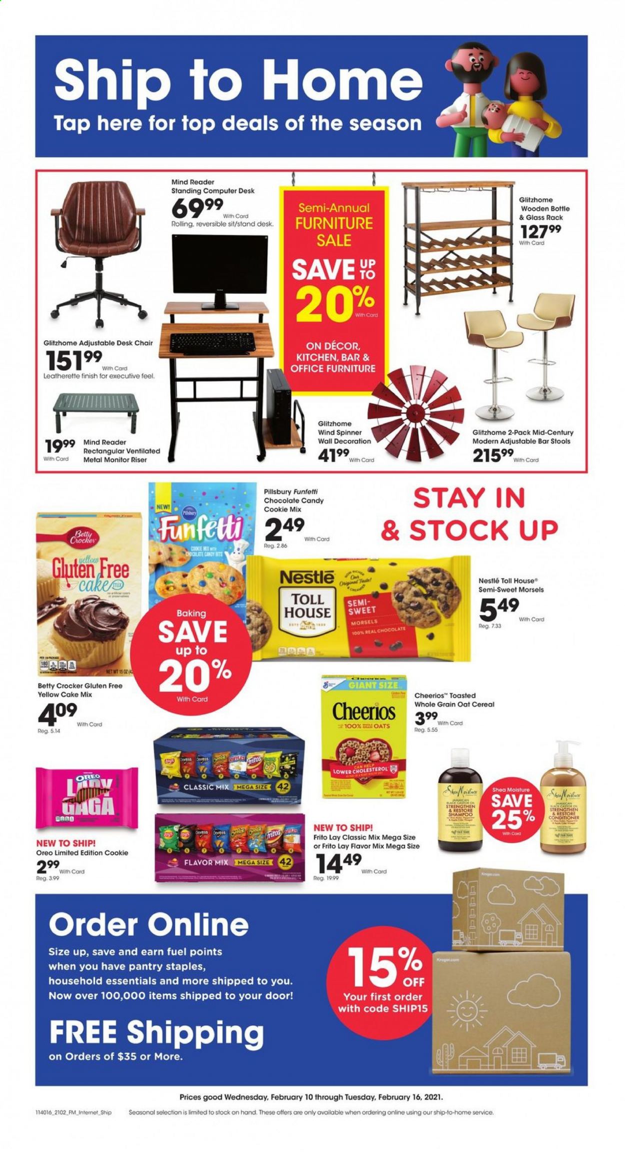 thumbnail - King Soopers Flyer - 02/10/2021 - 02/16/2021 - Sales products - chair, bar stool, office desk, cake mix, cod, Pillsbury, Oreo, cookies, Nestlé, chocolate candies, oats, cereals, Fritos, Cheerios, shampoo, conditioner, computer, monitor. Page 1.