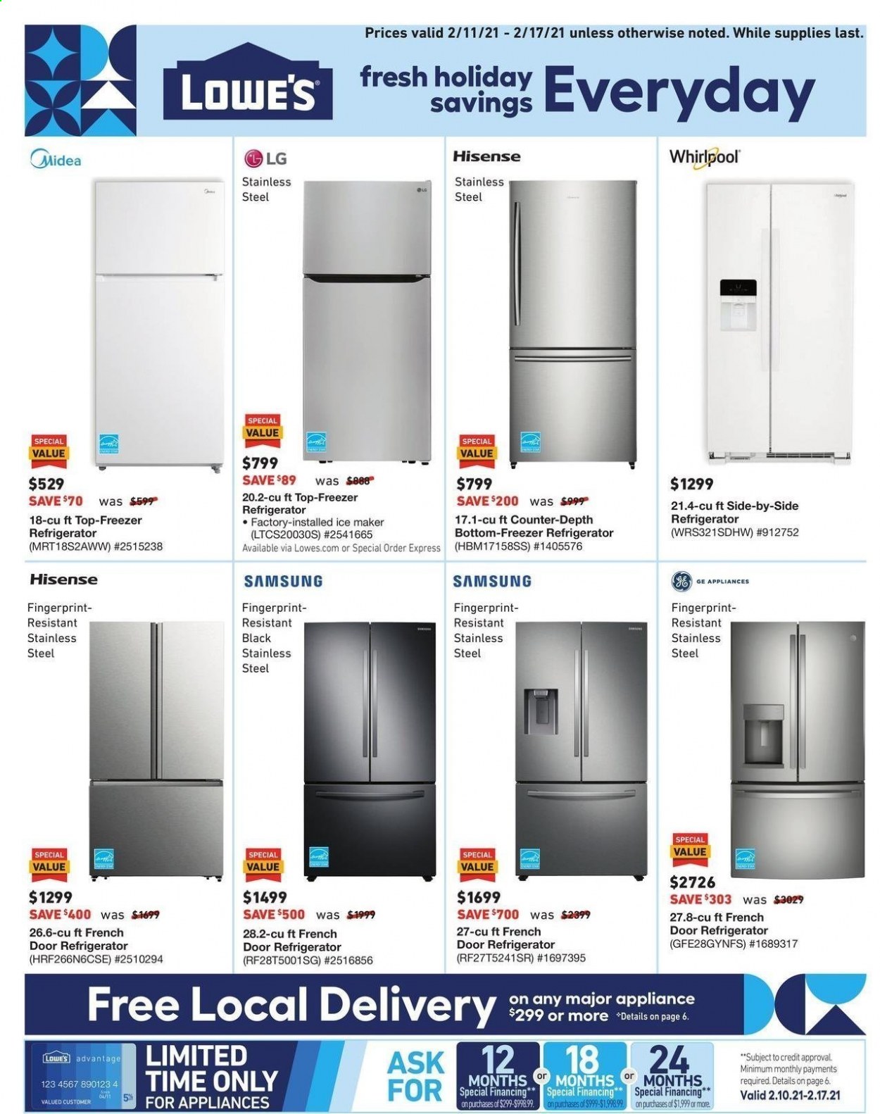thumbnail - Lowe's Flyer - 02/11/2021 - 02/17/2021 - Sales products - Samsung, LG, freezer, french door refrigerator, refrigerator, ice maker, Hisense, car battery. Page 1.