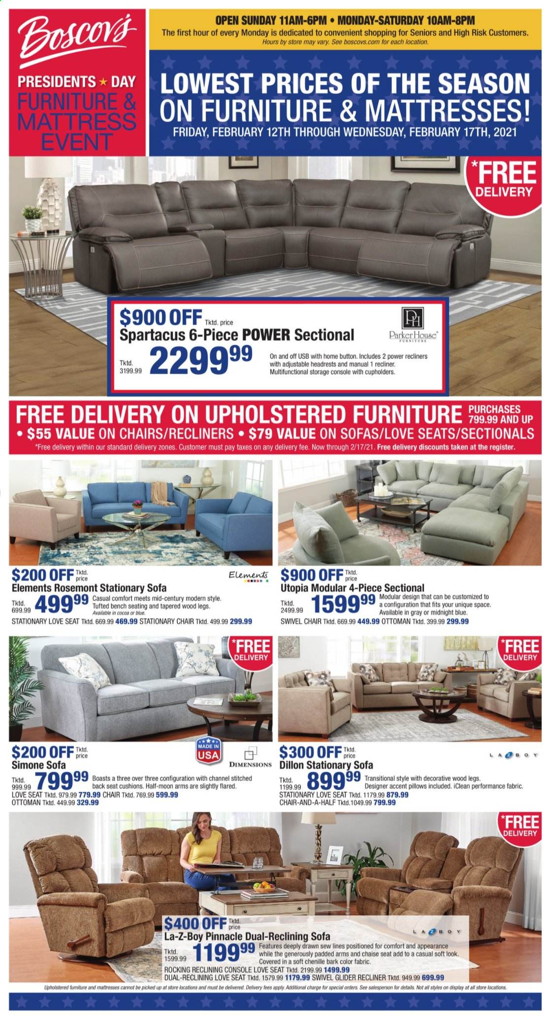 thumbnail - Boscov's Flyer - 02/12/2021 - 02/17/2021 - Sales products - cushion, pillow, ottoman, mattress, recliner chair. Page 1.