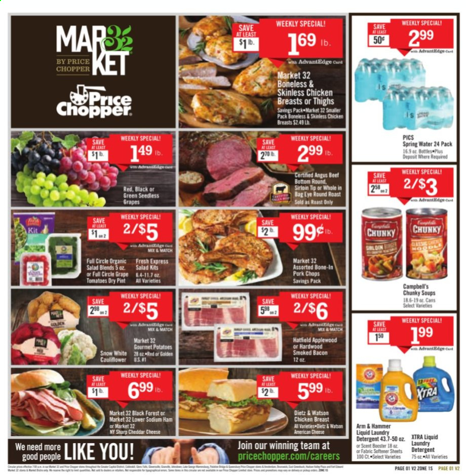 thumbnail - Price Chopper Flyer - 02/14/2021 - 02/20/2021 - Sales products - Campbell's, salad, bacon, ham, Dietz & Watson, american cheese, cheddar, cheese, cauliflower, ARM & HAMMER, noodles, spring water, chicken breasts, beef meat, round roast, pork chops, pork meat, detergent, fabric softener, laundry detergent, XTRA. Page 1.