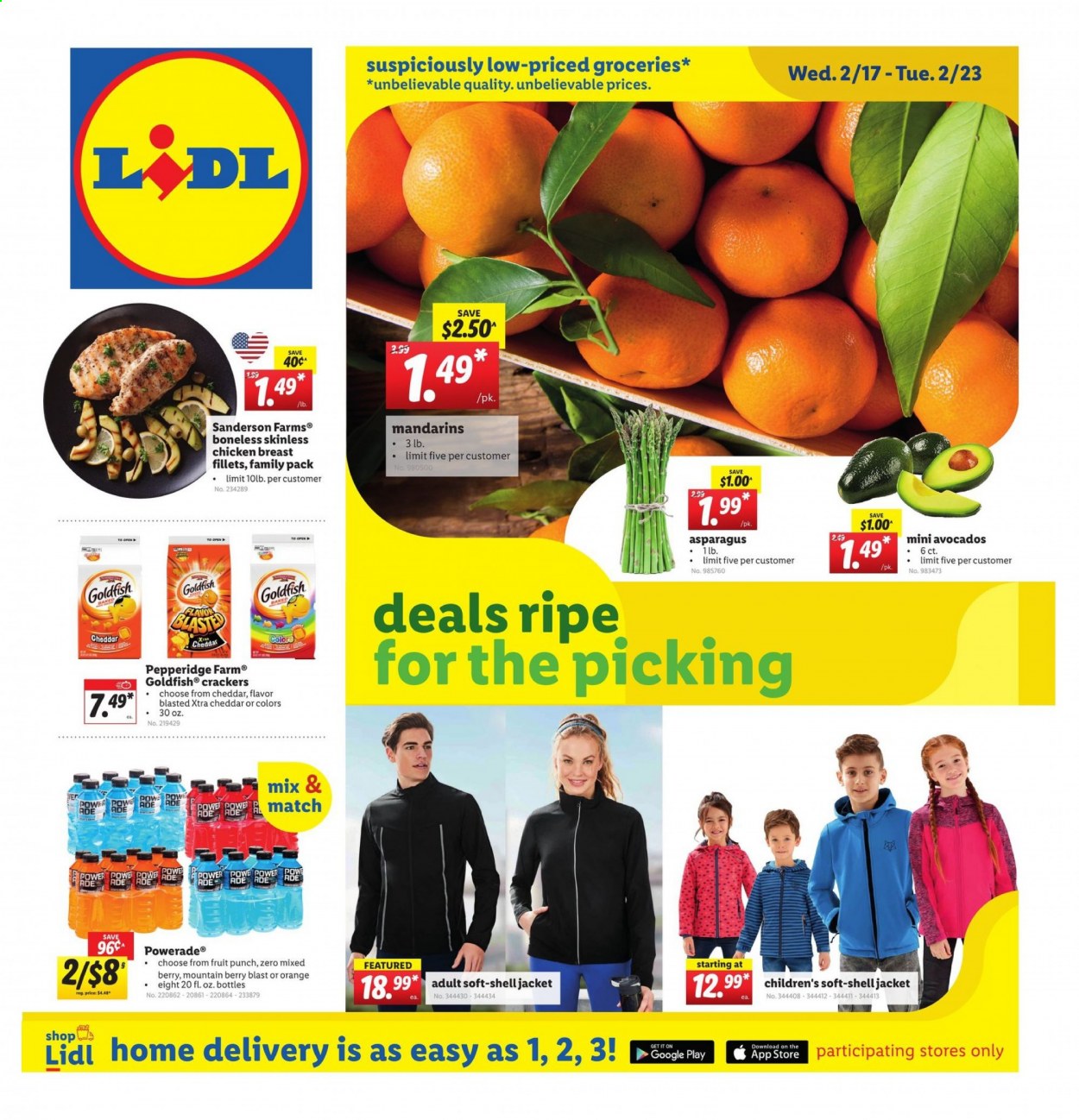 thumbnail - Lidl Flyer - 02/17/2021 - 02/23/2021 - Sales products - crackers, Goldfish, mandarines, Powerade, chicken breasts, XTRA, jacket, avocado. Page 1.