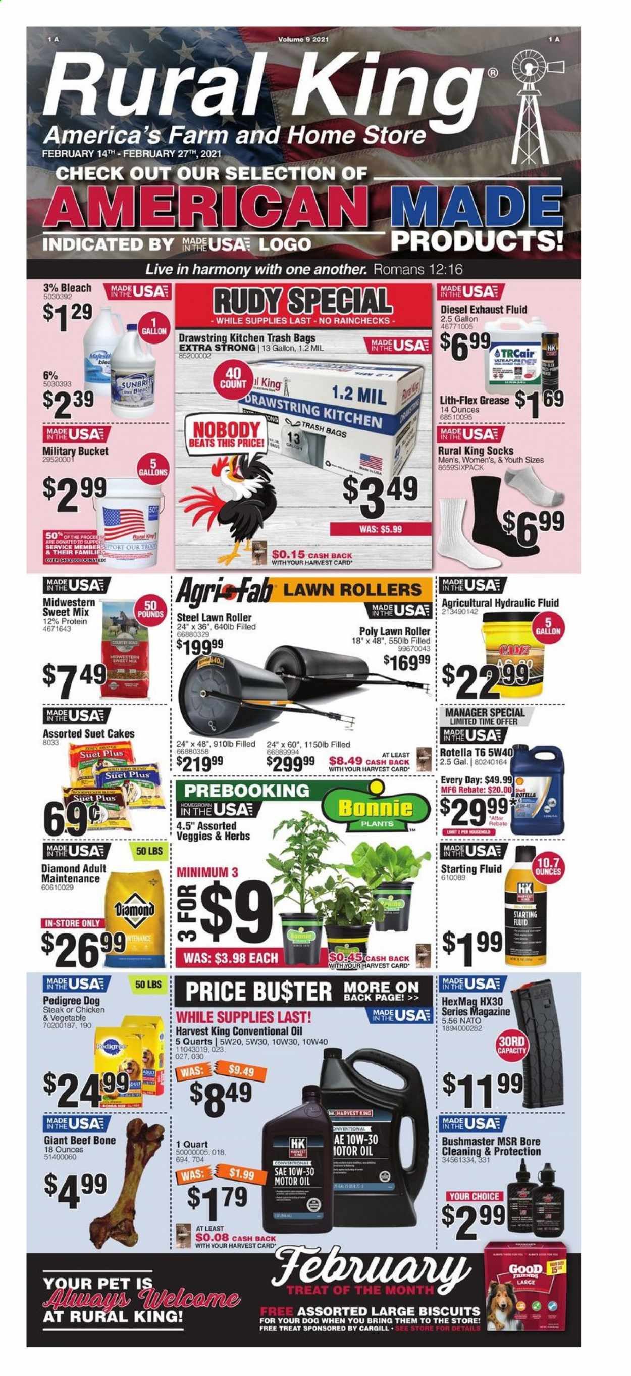 thumbnail - Rural King Flyer - 02/14/2021 - 02/27/2021 - Sales products - bleach, trash bags, military bucket, Pedigree, suet cakes, Beats, roller, socks, bag, motor oil, Rotella, hydraulic fluids, conventional oil, starting fluid, exhaust fluid. Page 1.