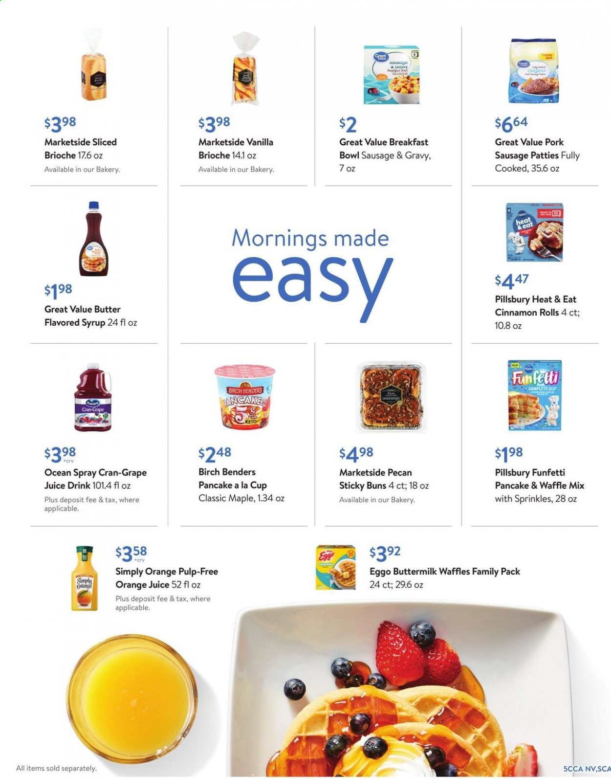 thumbnail - Walmart Flyer - 02/15/2021 - 03/02/2021 - Sales products - brioche, cinnamon roll, pancakes, buns, waffles, Pillsbury, sausage, buttermilk, syrup, orange juice, juice, Cran-Grape. Page 5.
