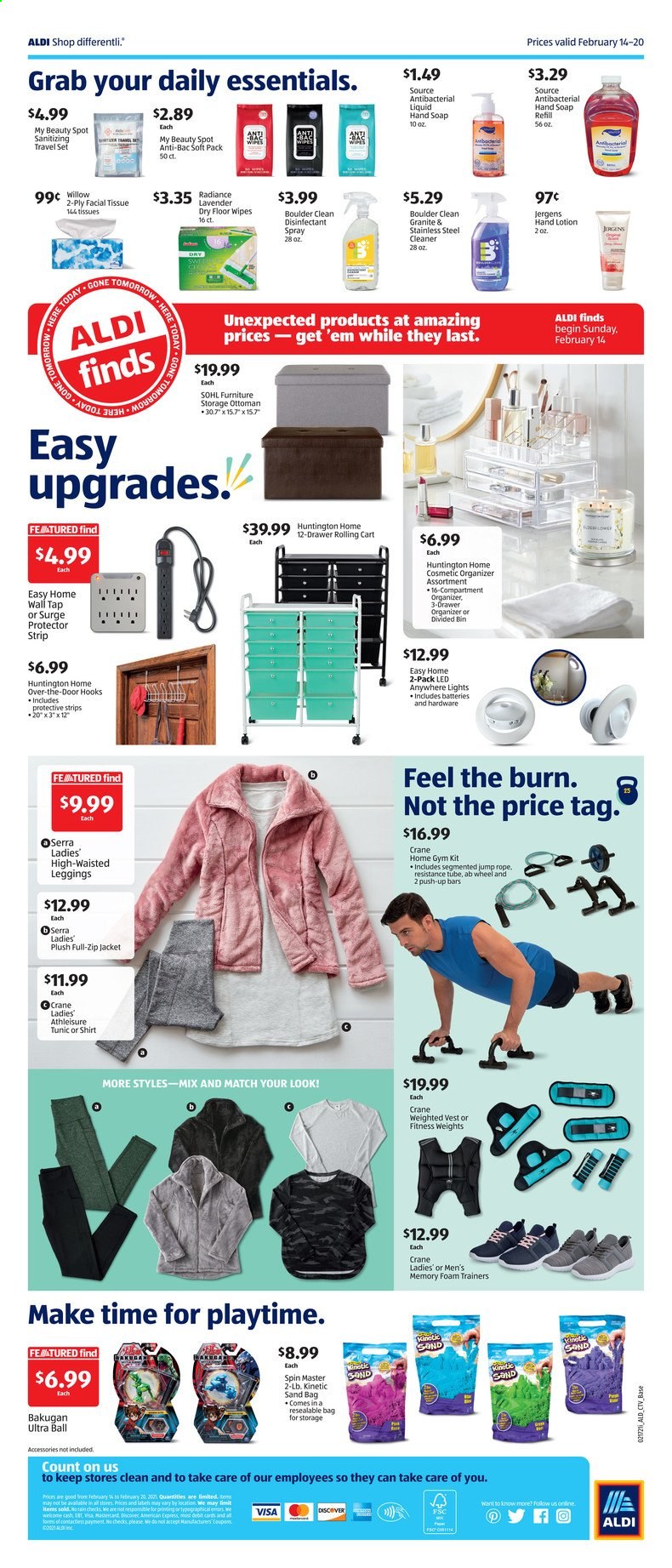 thumbnail - ALDI Flyer - 02/14/2021 - 02/20/2021 - Sales products - trainers, strips, L'Or, tissues, wipes, cleaner, desinfection, hand soap, soap, body lotion, Jergens, antibacterial spray, bin, hook, surge protector, pin, battery, jacket, shirt, vest, leggings, bag, resistance tube, surge, door, weighted vest, cart. Page 2.