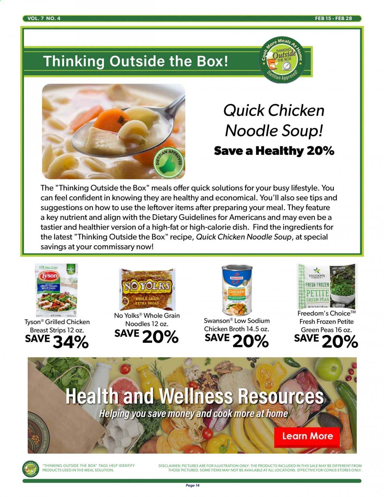 thumbnail - Commissary Flyer - 02/15/2021 - 02/28/2021 - Sales products - soup, peas, strips, broth, chicken broth, noodles, chicken breasts. Page 14.