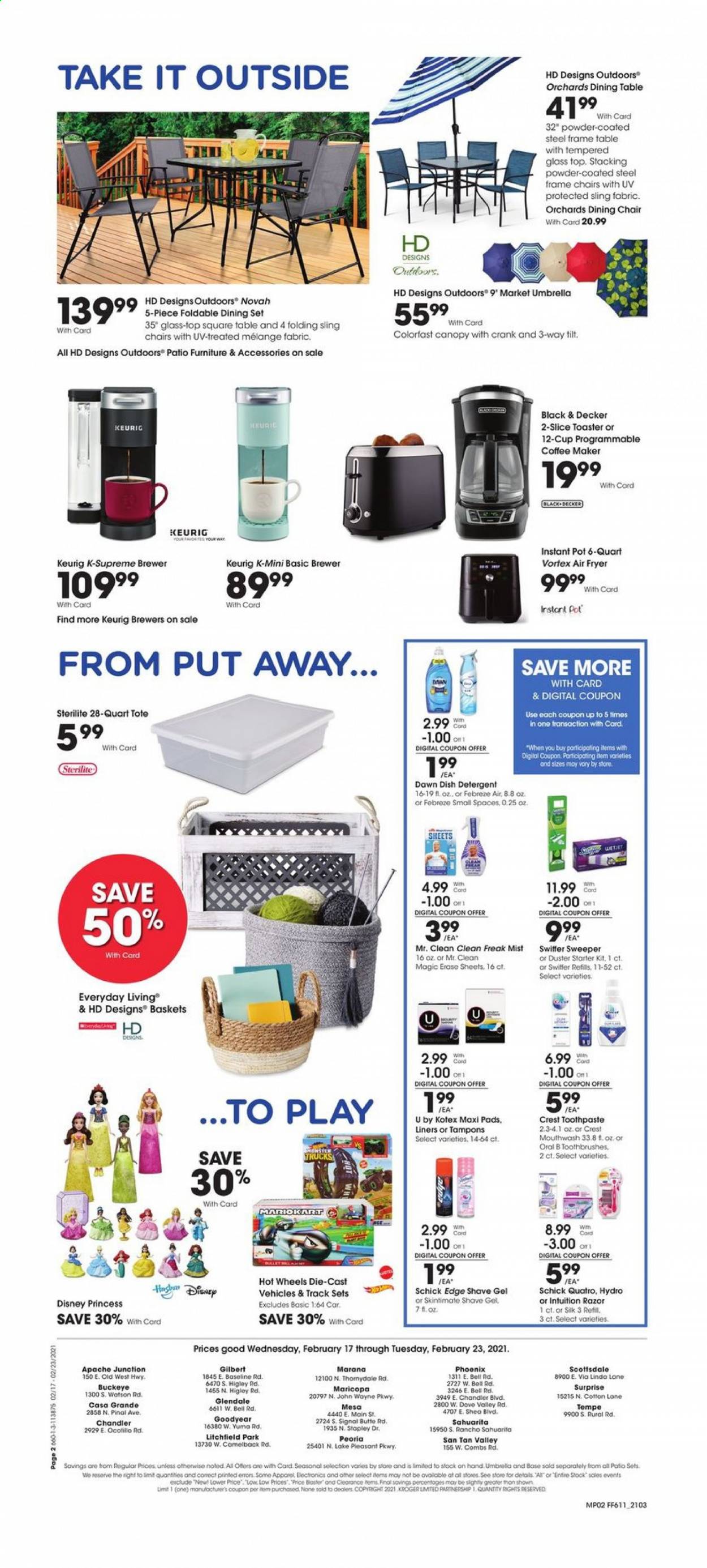 thumbnail - Fry’s Flyer - 02/17/2021 - 02/23/2021 - Sales products - cod, Silk, brewer, Keurig, Disney, Gilbert, Dove, detergent, Febreze, Swiffer, Oral-B, toothpaste, mouthwash, Signal, Crest, sanitary pads, Kotex, tampons, razor, shave gel, Schick, basket, duster, pot, cup, BOSE, coffee machine, Black & Decker, air fryer, Instant Pot, toaster. Page 2.