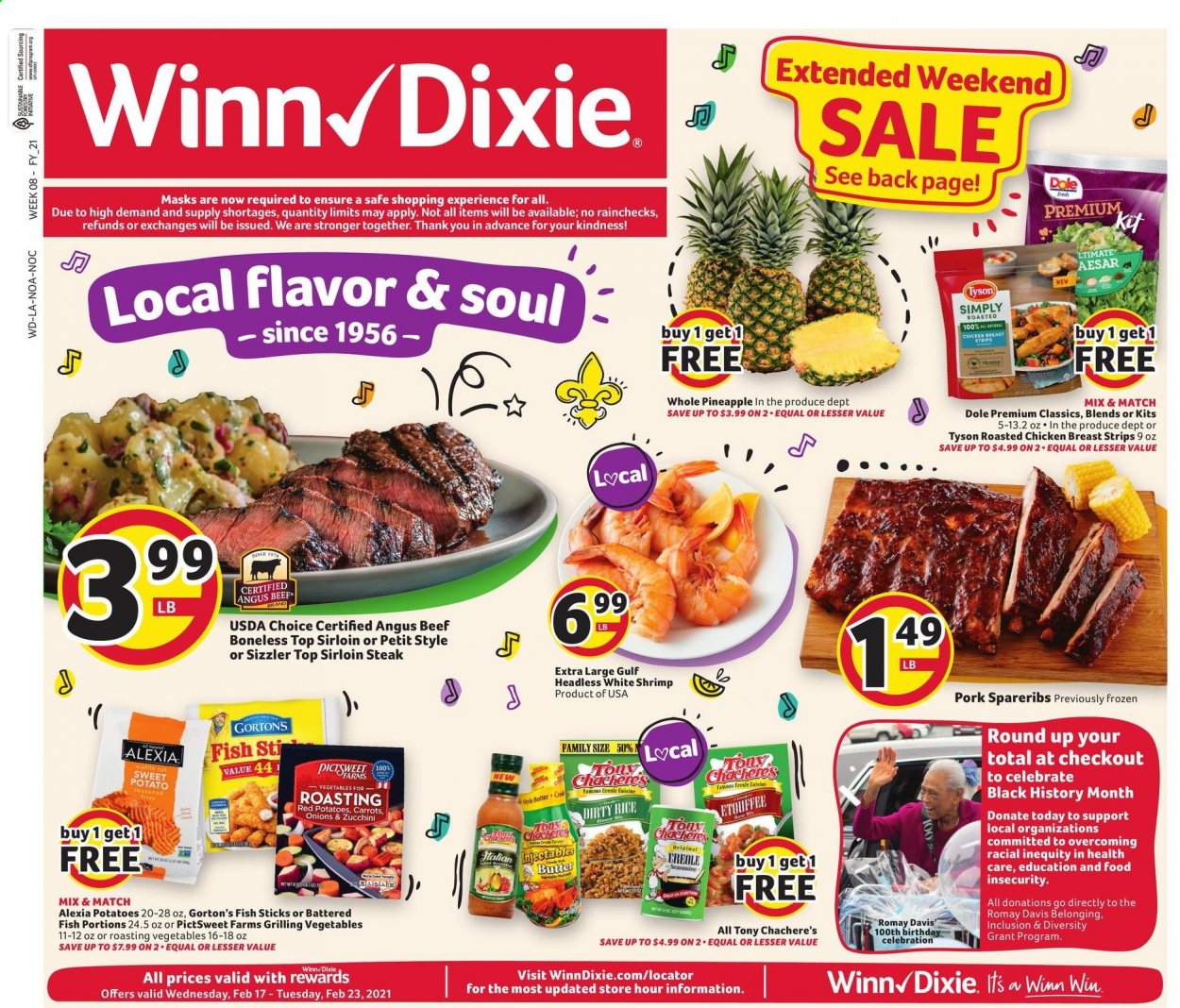 thumbnail - Winn Dixie Flyer - 02/17/2021 - 02/23/2021 - Sales products - Dole, fish, shrimps, Gorton's, fish sticks, butter, carrots, zucchini, sweet potato, strips, potato fries, rice, chicken breasts, beef meat, beef sirloin, steak, sirloin steak, pork spare ribs. Page 1.