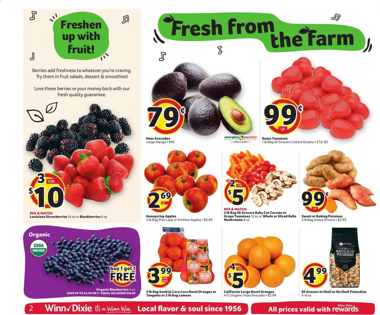 thumbnail - Winn Dixie Flyer - 02/17/2021 - 02/23/2021 - Sales products - mushrooms, blackberries, blueberries, tangelos, apples, oranges, carrots, mango, strawberries, collard greens, pistachios, smoothie, Bella. Page 2.