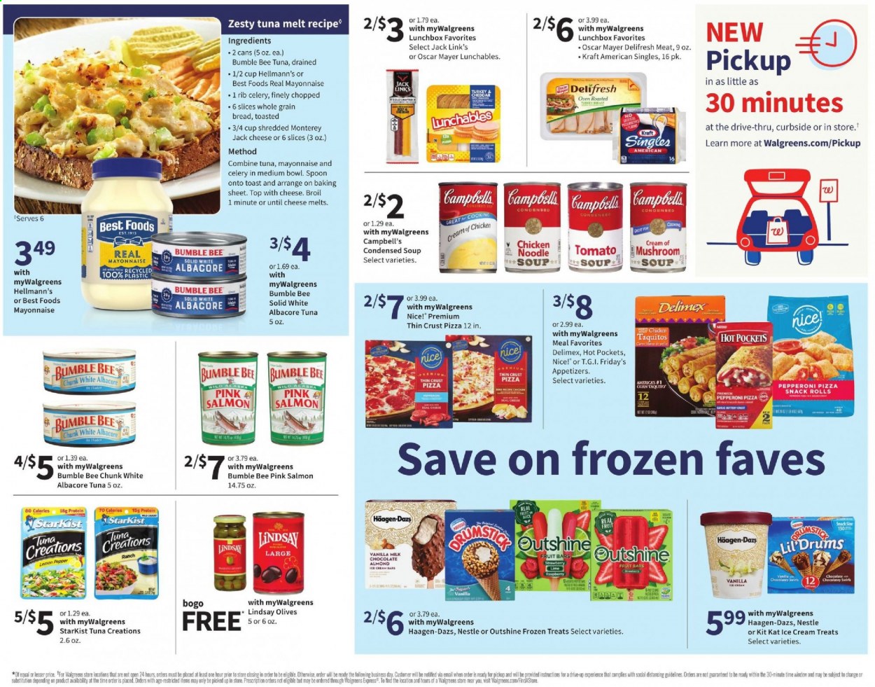 thumbnail - Walgreens Flyer - 02/21/2021 - 02/27/2021 - Sales products - bread, toast bread, Campbell's, tomato soup, hot pocket, pizza, condensed soup, soup, StarKist, taquitos, Lunchables, Kraft®, Oscar Mayer, Monterey Jack cheese, sandwich slices, Kraft Singles, mayonnaise, Hellmann’s, ice cream, Häagen-Dazs, milk chocolate, Nestlé, KitKat, snack, Nice!, Jack Link's, corn, olives, noodles. Page 4.