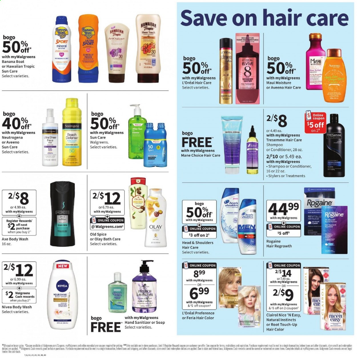 thumbnail - Walgreens Flyer - 02/21/2021 - 02/27/2021 - Sales products - Aveeno, Nivea, body wash, shampoo, Old Spice, soap, L’Oréal, Neutrogena, Olay, Root Touch-Up, Clairol, conditioner, TRESemmé, Head & Shoulders, hair color, Maui Moisture, hand sanitizer. Page 12.