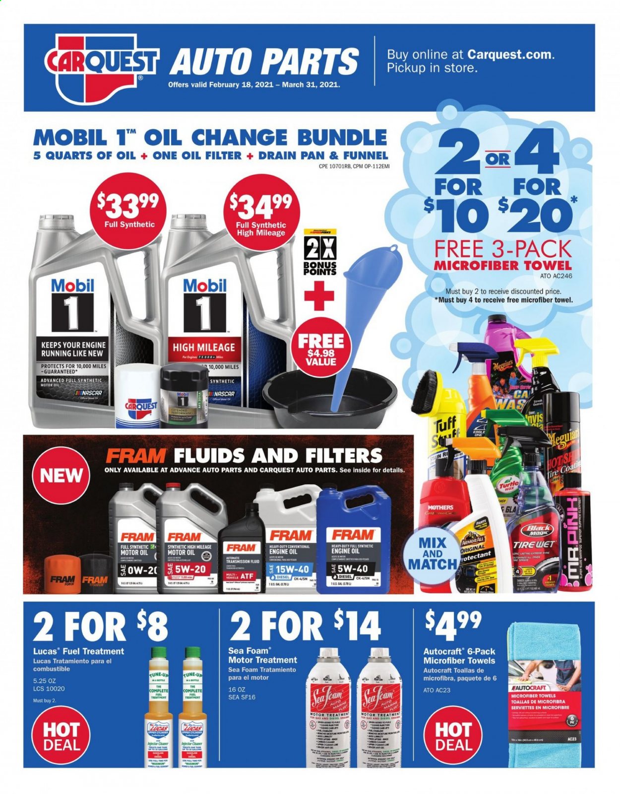 thumbnail - Advance Auto Parts Flyer - 02/18/2021 - 03/31/2021 - Sales products - oil filter, Lucas, microfiber towel, cleaner, lubricant, Mobil, motor oil, transmission fluid, fuel supplement. Page 1.