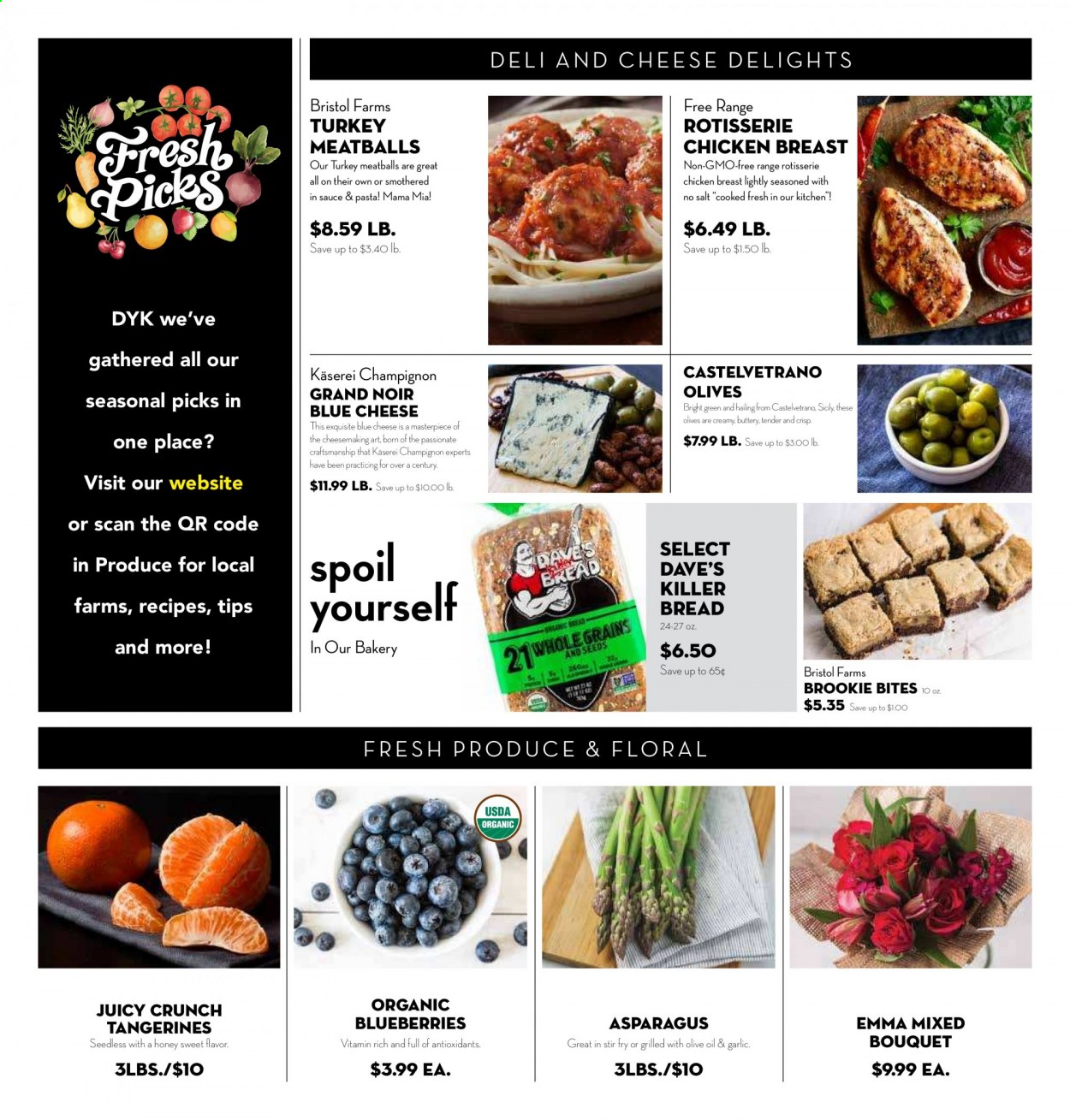 thumbnail - Bristol Farms Flyer - 02/17/2021 - 03/02/2021 - Sales products - blueberries, bread, meatballs, blue cheese, olives, pasta, olive oil, honey, chicken breasts, tangerines. Page 2.