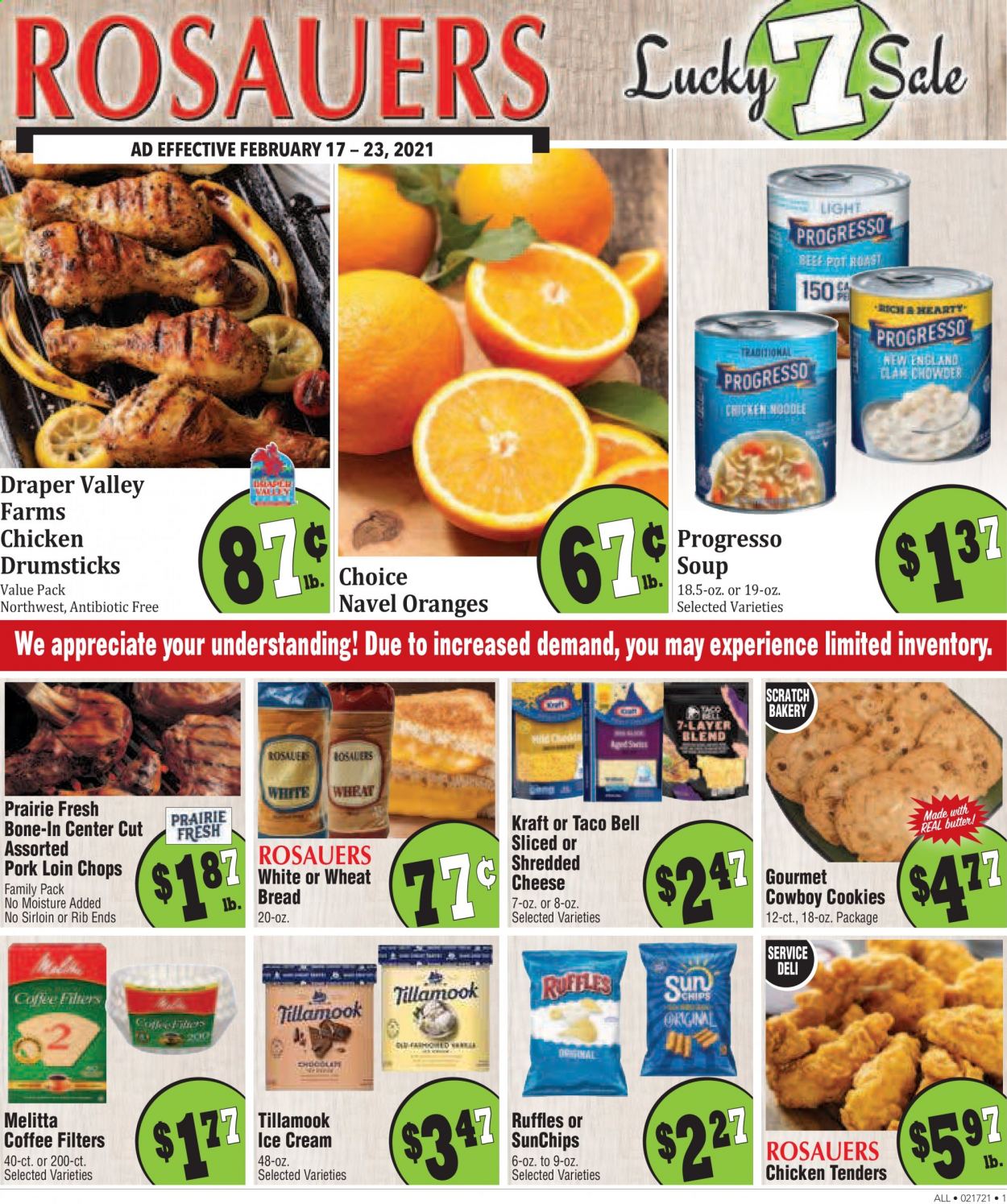 thumbnail - Rosauers Flyer - 02/17/2021 - 02/23/2021 - Sales products - bread, oranges, Progresso, Kraft®, shredded cheese, ice cream, cookies, coffee, chicken tenders, chicken drumsticks, pork loin, pork meat. Page 1.