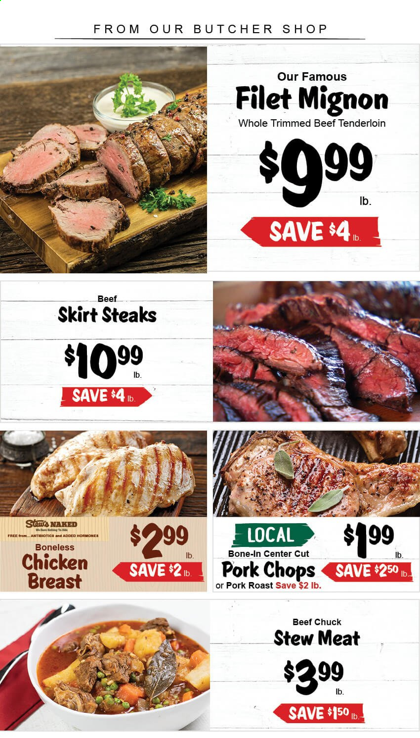 thumbnail - Stew Leonard's Flyer - 02/17/2021 - 02/23/2021 - Sales products - stew meat, chicken breasts, beef meat, steak, beef tenderloin, pork chops, pork meat, pork roast. Page 1.