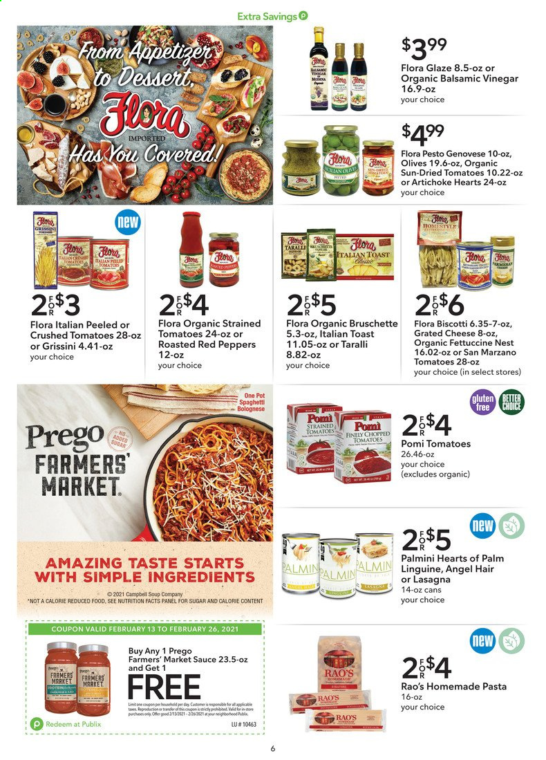 thumbnail - Publix Flyer - 02/13/2021 - 02/26/2021 - Sales products - hearts of palm, toast bread, soup, cheese, grated cheese, Flora, biscotti, crushed tomatoes, olives, chopped tomatoes, spaghetti, pasta, pesto, balsamic vinegar, vinegar. Page 6.