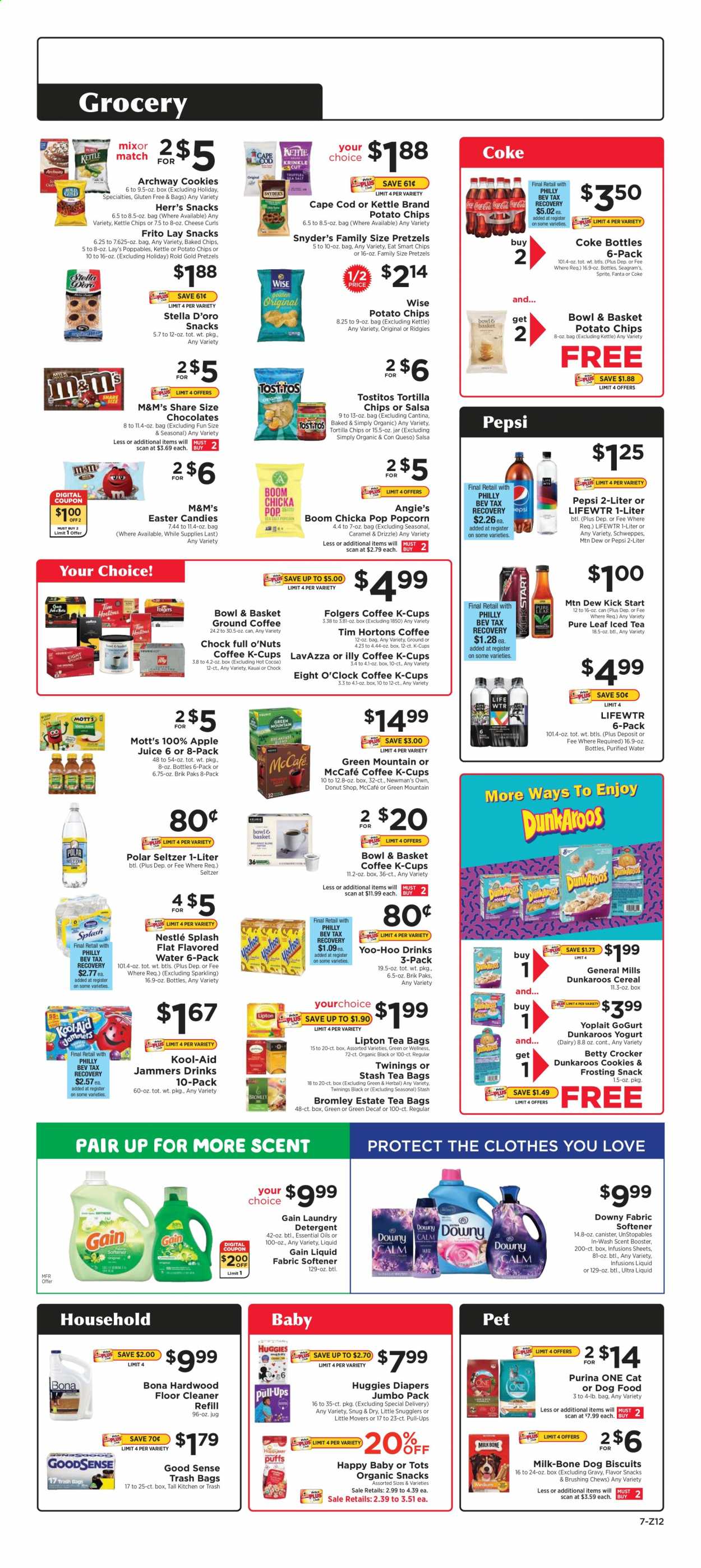 thumbnail - ShopRite Flyer - 02/21/2021 - 02/27/2021 - Sales products - pretzels, puffs, cod, Bowl & Basket, cheese, yoghurt, Yoplait, milk, salsa, cookies, Nestlé, chocolate, M&M's, chewing gum, tortilla chips, potato chips, chips, snack, Lay’s, popcorn, Tostitos, frosting, cereals, caramel, Coca-Cola, Mountain Dew, Schweppes, Sprite, Pepsi, juice, Fanta, Lipton, Mott's, seltzer water, flavored water, purified water, Lifewtr, hot cocoa, tea bags, Twinings, Pure Leaf, coffee, Folgers, ground coffee, coffee capsules, McCafe, K-Cups, Lavazza, Illy, Eight O'Clock, Green Mountain, Huggies, detergent, Gain, cleaner, floor cleaner, Unstopables, fabric softener, laundry detergent, trash bags, bowl, essential oils, animal food, dog food, Purina, dog biscuits. Page 7.