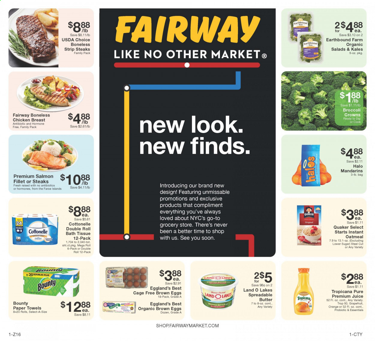 thumbnail - Fairway Market Flyer - 02/19/2021 - 02/25/2021 - Sales products - oranges, salmon, salmon fillet, salad, Quaker, eggs, cage free eggs, whipped butter, spreadable butter, dip, Bounty, sugar, oatmeal, mandarines, juice, chicken breasts, beef meat, steak, striploin steak. Page 1.