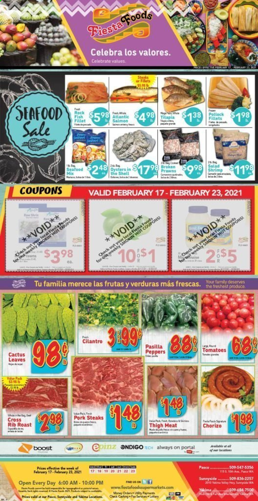 thumbnail - Fiesta Foods SuperMarkets Flyer - 02/17/2021 - 02/23/2021 - Sales products - salmon, tilapia, seafood, prawns, fish, shrimps, salad, chorizo, cilantro, Boost, steak, pork chops, pork meat. Page 1.