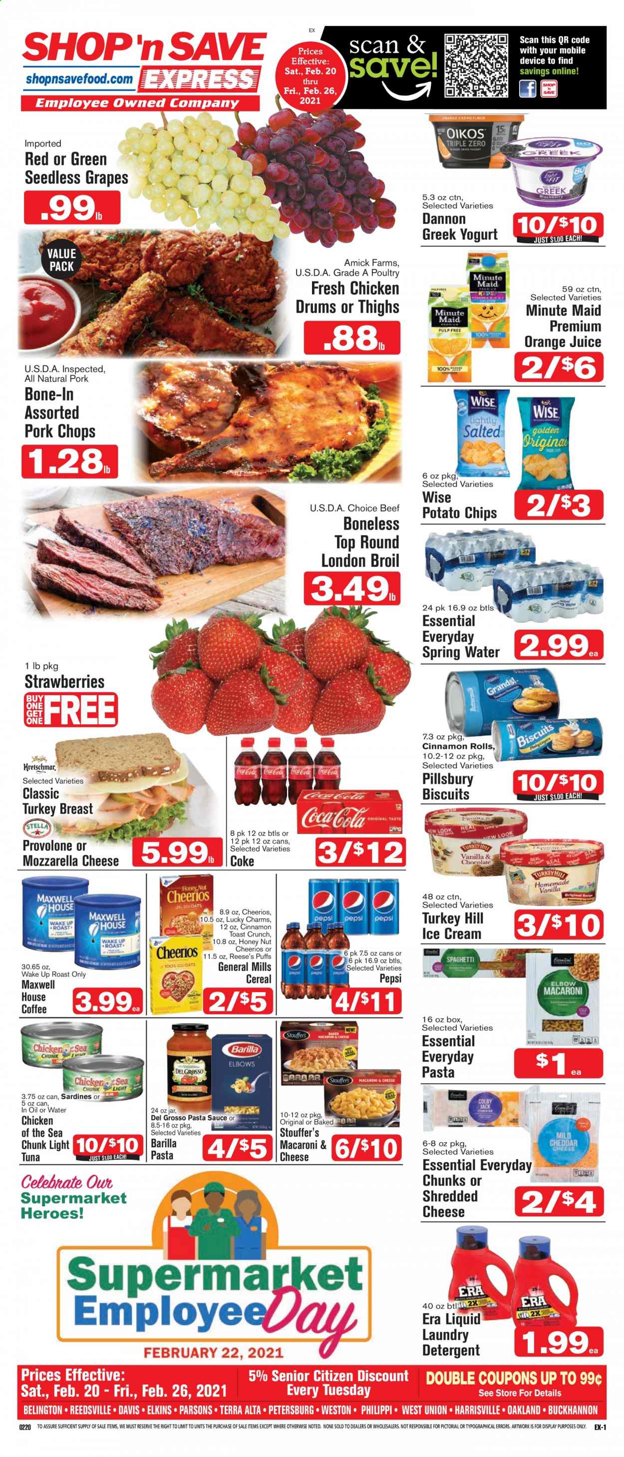 thumbnail - Shop ‘n Save Express Flyer - 02/20/2021 - 02/26/2021 - Sales products - seedless grapes, toast bread, cinnamon roll, puffs, turkey breast, pork chops, pork meat, sardines, tuna, Pillsbury, Barilla, Colby cheese, mozzarella, shredded cheese, greek yoghurt, yoghurt, Oikos, Dannon, ice cream, Reese's, strawberries, Stouffer's, biscuit, potato chips, chips, Chicken of the Sea, cereals, Cheerios, spaghetti, macaroni, pasta sauce, Coca-Cola, Pepsi, orange juice, juice, spring water, Maxwell House, coffee, detergent, laundry detergent, grapes. Page 1.