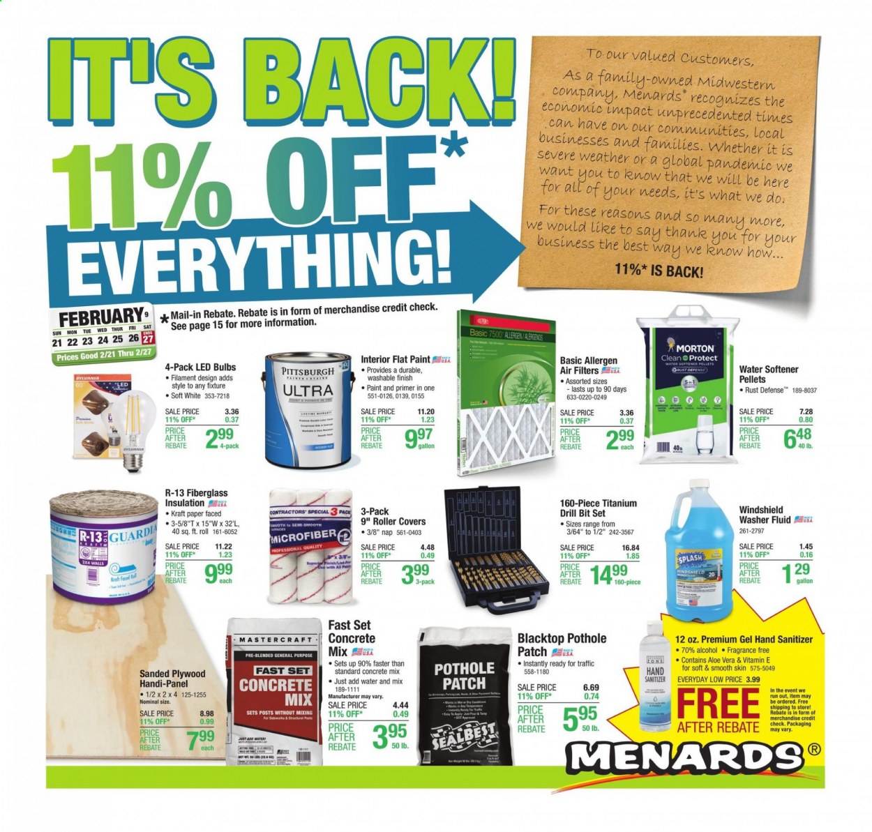 thumbnail - Menards Flyer - 02/21/2021 - 02/27/2021 - Sales products - Kraft®, fabric softener, hand sanitizer, paper, bulb, LED bulb, gallon, roller, roller cover, paint, concrete mix, plywood, water softener, fiberglass insulation, drill bit set, air filter, washer fluid. Page 1.