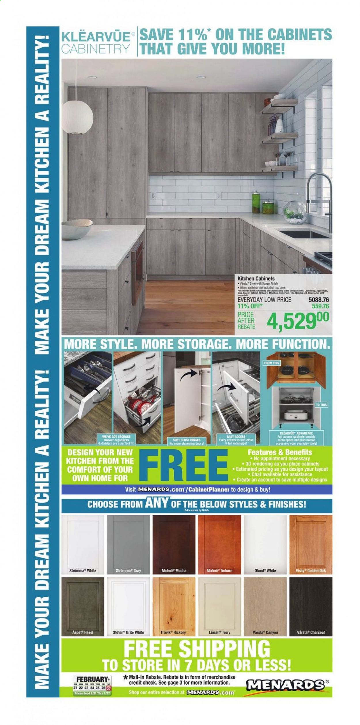 thumbnail - Menards Flyer - 02/21/2021 - 02/27/2021 - Sales products - kitchen cabinet, cabinet, charcoal. Page 1.