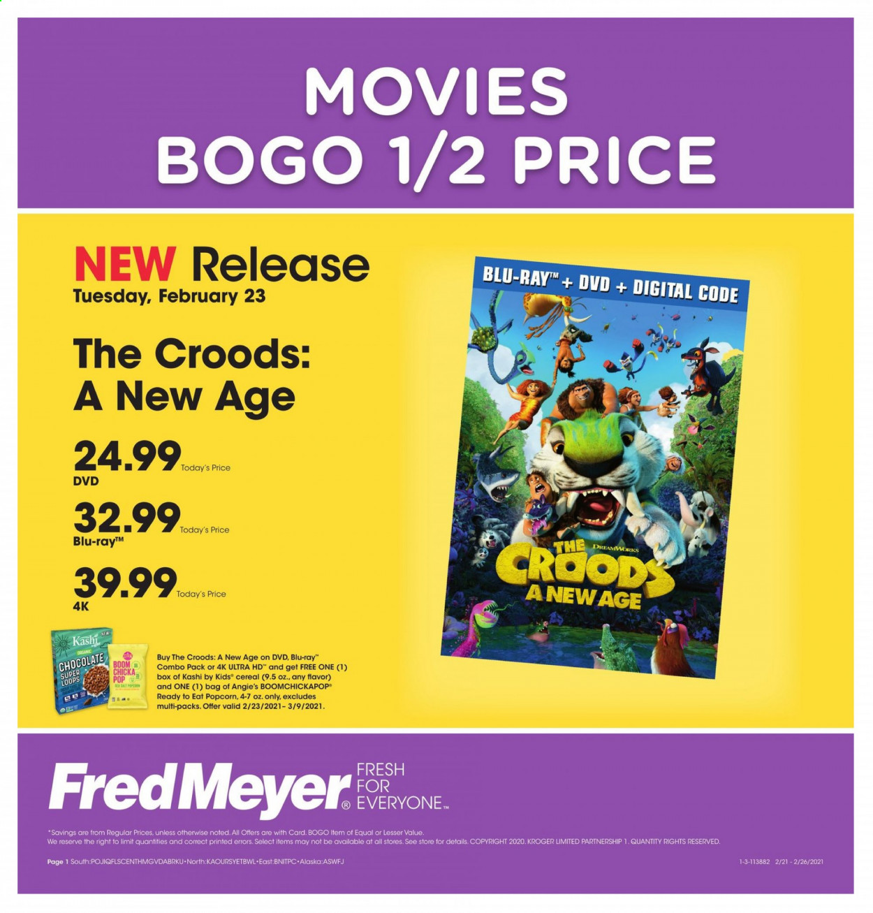 thumbnail - Fred Meyer Flyer - 02/23/2021 - 02/26/2021 - Sales products - chocolate, popcorn, sea salt, cereals, Anew, DVD, UHD TV, ultra hd, Blu-ray. Page 1.