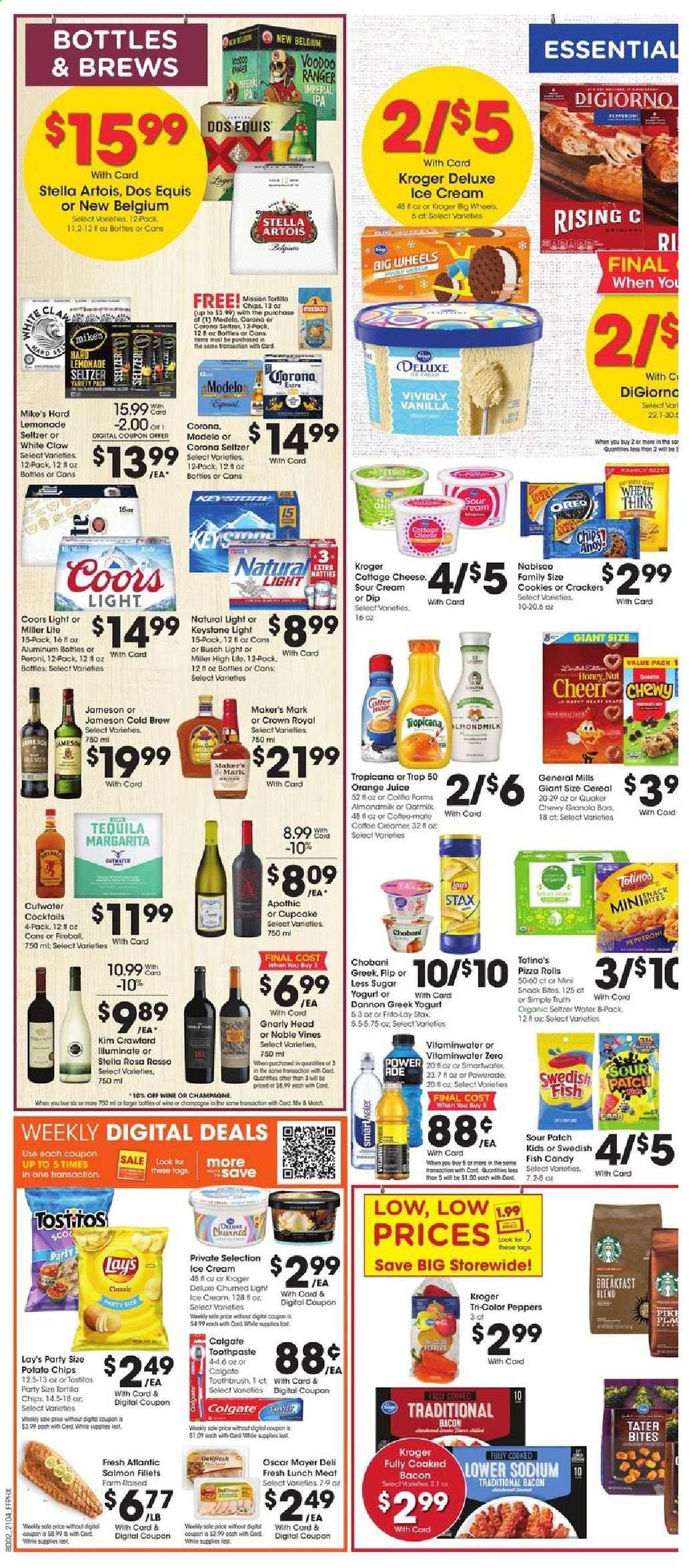 thumbnail - Fry’s Flyer - 02/24/2021 - 03/02/2021 - Sales products - salmon, salmon fillet, northern pike, pizza, Quaker, bacon, Oscar Mayer, pepperoni, lunch meat, cottage cheese, cheese, greek yoghurt, Oreo, yoghurt, Chobani, Dannon, almond milk, oat milk, sour cream, dip, ice cream, cookies, crackers, Sour Patch, tortilla chips, potato chips, chips, snack, Lay’s, Thins, Frito-Lay, cereals, granola bar, lemonade, Powerade, orange juice, juice, seltzer water, coffee, breakfast blend, champagne, wine, tequila, Jameson, White Claw, beer, Miller Lite, Stella Artois, Coors, Dos Equis, Busch, Corona Extra, Peroni, IPA, Keystone, Modelo, Colgate, toothbrush, toothpaste. Page 4.