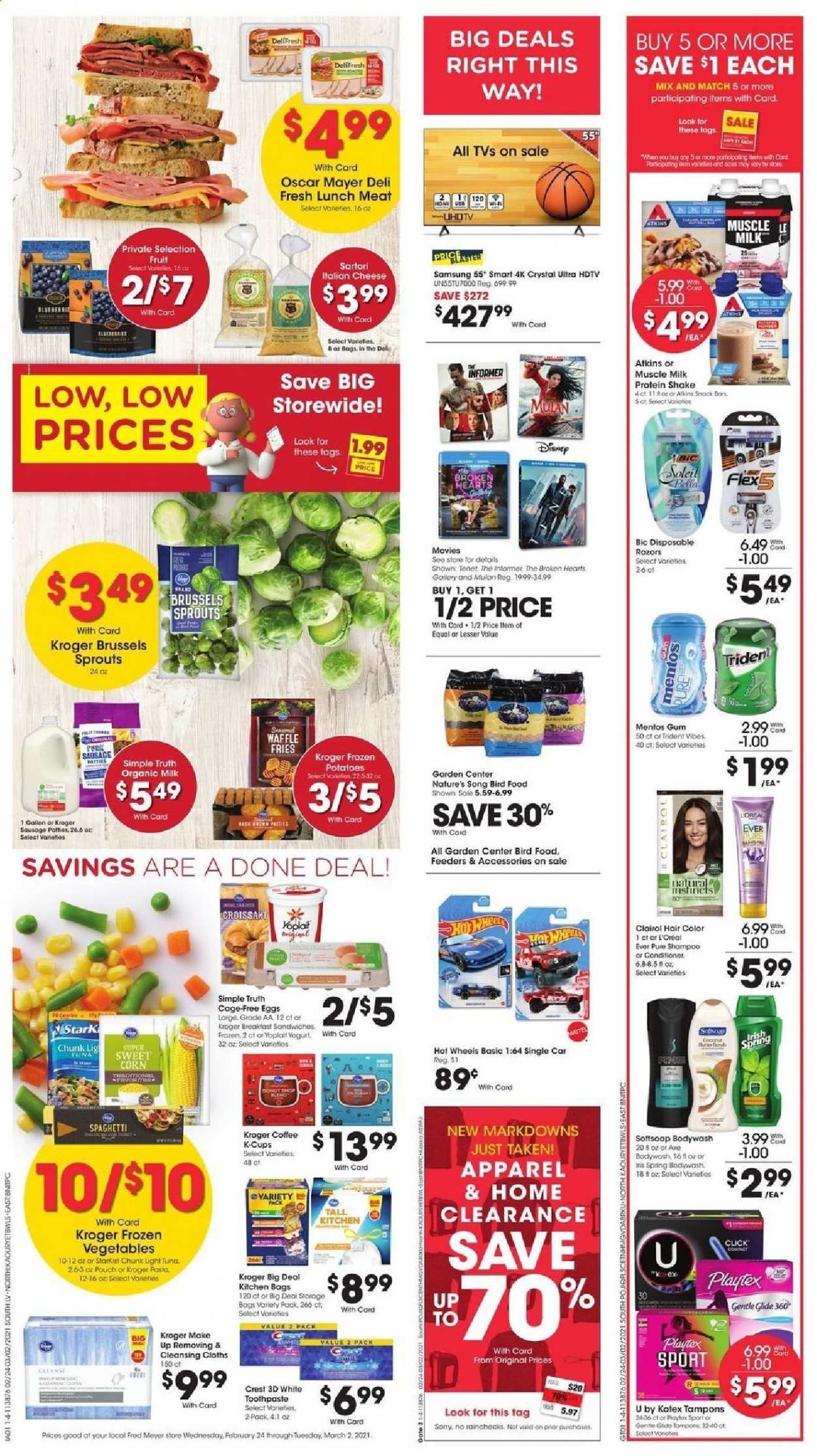 thumbnail - Fred Meyer Flyer - 02/24/2021 - 03/02/2021 - Sales products - coconut, tuna, StarKist, Oscar Mayer, lunch meat, cheese, yoghurt, Yoplait, organic milk, protein drink, shake, muscle milk, eggs, corn, frozen vegetables, brussel sprouts, sweet corn, potato fries, Mentos, light tuna, spaghetti, pasta, Bai, coffee, coffee capsules, K-Cups, Bella, Softsoap, toothpaste, Crest, Playtex, Kotex, tampons, L’Oréal, Clairol, conditioner, hair color, BIC, disposable razor, cage, animal food, bird food, Samsung, UHD TV, HDTV, TV, Hot Wheels. Page 5.