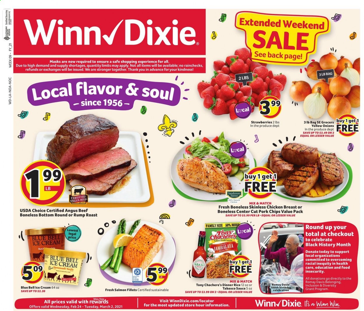 thumbnail - Winn Dixie Flyer - 02/24/2021 - 03/02/2021 - Sales products - salmon, salmon fillet, sauce, ice cream, Blue Bell, strawberries, chips, tabasco, rice, chicken breasts, beef meat. Page 1.