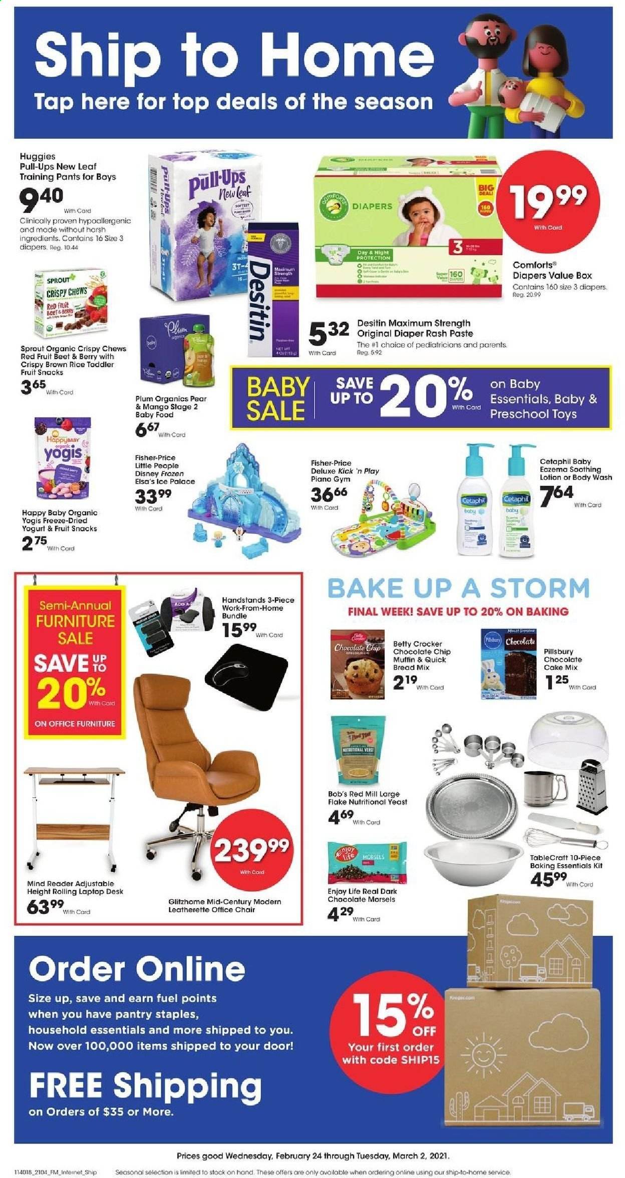 thumbnail - Fred Meyer Flyer - 02/24/2021 - 03/02/2021 - Sales products - bread, cake mix, muffin, Pillsbury, yoghurt, dark chocolate, fruit snack, crispy chews, brown rice, Huggies, baby pants, Disney, body wash, body lotion, baking accessories, toys, Fisher-Price, Desitin. Page 1.