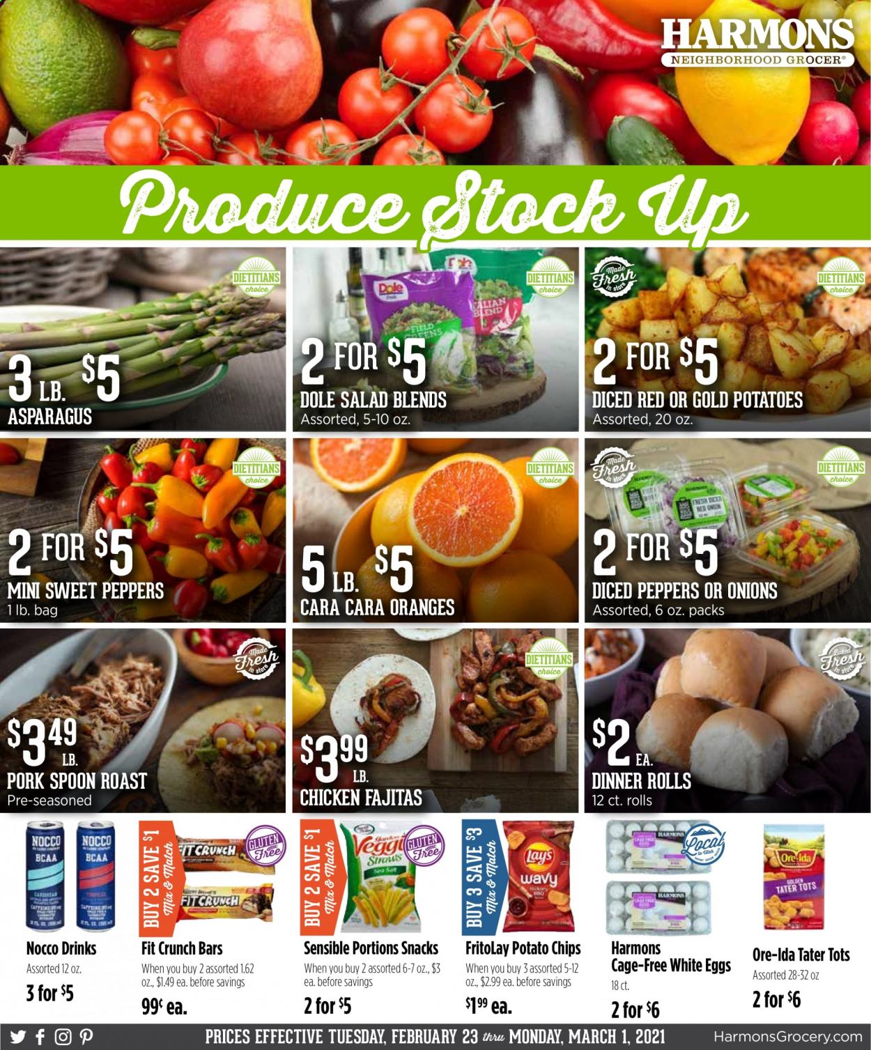 thumbnail - Harmons Flyer - 02/23/2021 - 03/01/2021 - Sales products - sweet peppers, Dole, dinner rolls, oranges, salad, eggs, Ore-Ida, potato chips, chips, snack, Frito-Lay, spoon, cage. Page 1.