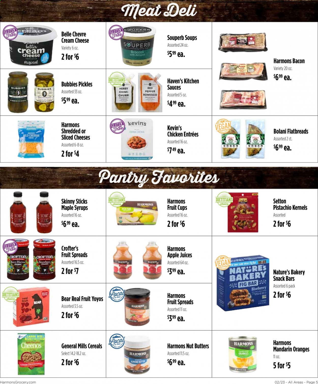 thumbnail - Harmons Flyer - 02/23/2021 - 03/01/2021 - Sales products - pickles, fruit cup, oranges, cream cheese, bacon, sliced cheese, cheese, snack bar, snack, mandarines, cereals, pistachios, juice. Page 5.