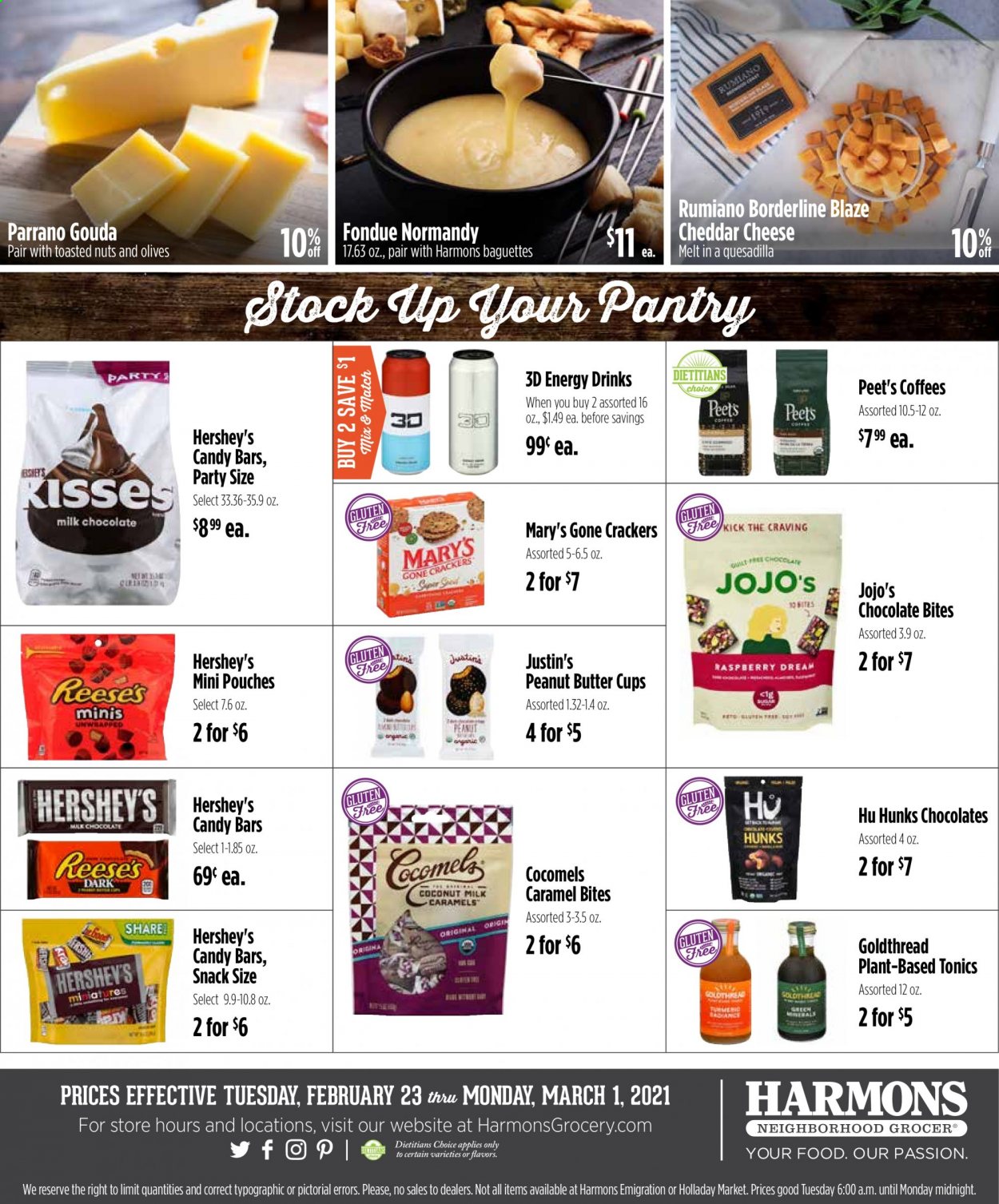 thumbnail - Harmons Flyer - 02/23/2021 - 03/01/2021 - Sales products - baguette, gouda, cheddar, cheese, Hershey's, chocolate, crackers, peanut butter cups, snack, olives, caramel, energy drink. Page 8.