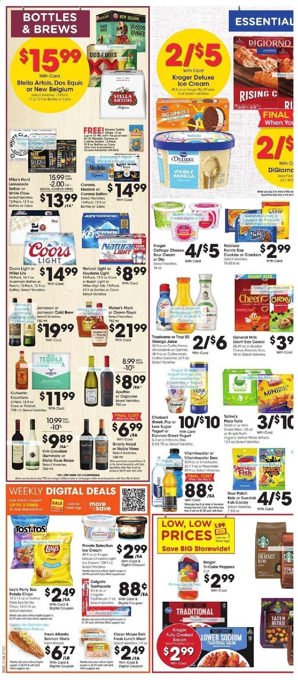 thumbnail - Fry’s Flyer - 02/24/2021 - 03/02/2021 - Sales products - salmon, salmon fillet, northern pike, fish, pizza, Quaker, bacon, Oscar Mayer, pepperoni, lunch meat, cottage cheese, cheese, greek yoghurt, yoghurt, Chobani, Dannon, almond milk, oat milk, sour cream, dip, ice cream, cookies, crackers, Sour Patch, potato chips, chips, snack, Lay’s, Frito-Lay, Tostitos, cereals, granola bar, pasta, lemonade, Powerade, orange juice, juice, seltzer water, coffee, breakfast blend, champagne, wine, alcohol, bourbon, tequila, whiskey, Jameson, White Claw, beer, Miller Lite, Stella Artois, Coors, Dos Equis, Busch, Corona Extra, Peroni, Keystone, Modelo, Colgate, toothbrush, toothpaste. Page 4.