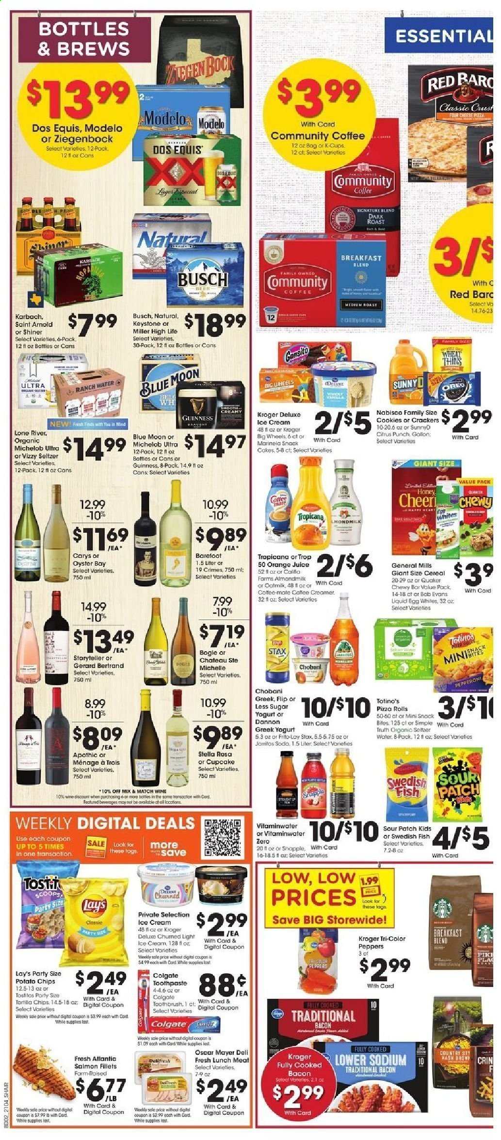 thumbnail - Kroger Flyer - 02/24/2021 - 03/02/2021 - Sales products - pizza rolls, cake, salmon, salmon fillet, northern pike, pizza, bacon, Oscar Mayer, lunch meat, greek yoghurt, Oreo, yoghurt, Chobani, Dannon, oat milk, creamer, ice cream, cookies, crackers, Sour Patch, potato chips, chips, snack, Lay’s, Tostitos, cereals, orange juice, soda, juice, Snapple, seltzer water, coffee, coffee capsules, L'Or, K-Cups, breakfast blend, wine, punch, beer, Dos Equis, Blue Moon, Michelob, Busch, Guinness, Miller, Keystone, Modelo, Colgate, toothbrush, toothpaste. Page 4.