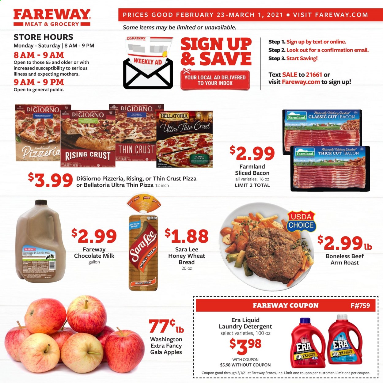 thumbnail - Fareway Flyer - 02/23/2021 - 03/01/2021 - Sales products - wheat bread, Sara Lee, apples, pizza, bacon, milk, Bellatoria, chocolate, Gala. Page 1.