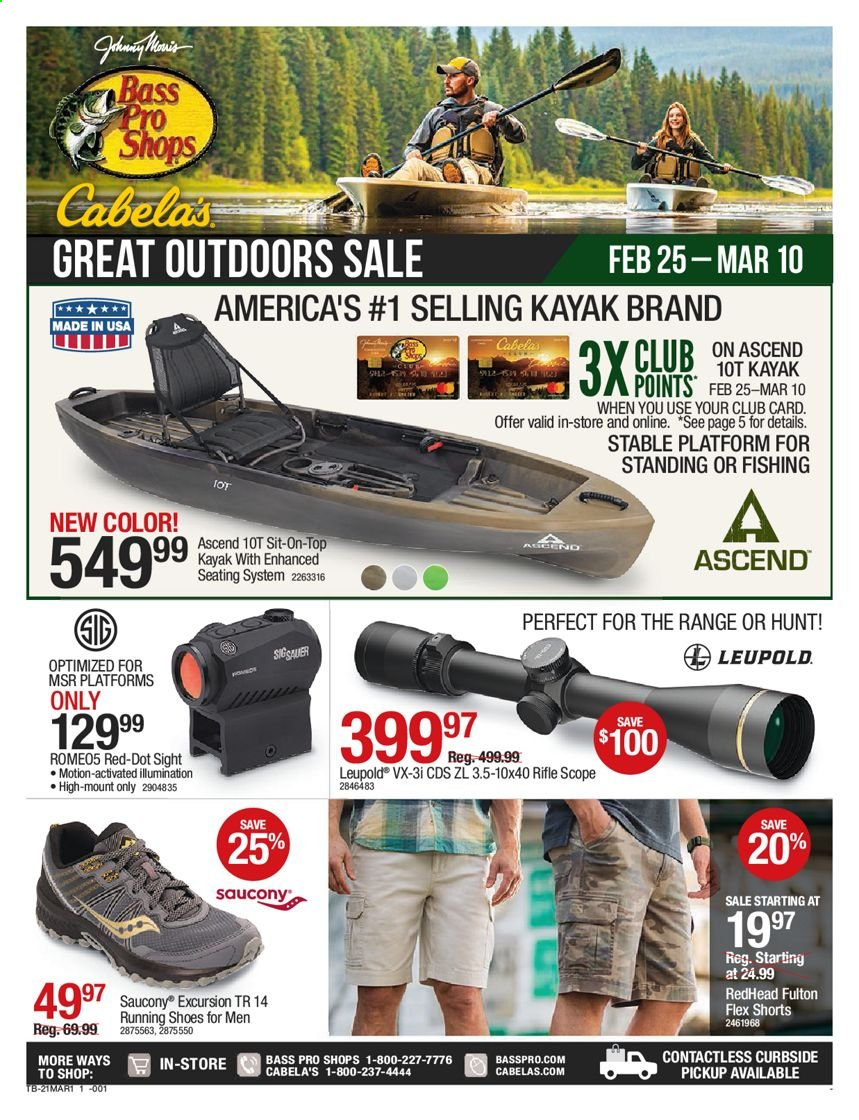 thumbnail - Bass Pro Shops Flyer - 02/25/2021 - 03/10/2021 - Sales products - shoes, Saucony, Bass Pro, Leupold, red dot sight, rifle, riflescope, scope. Page 1.