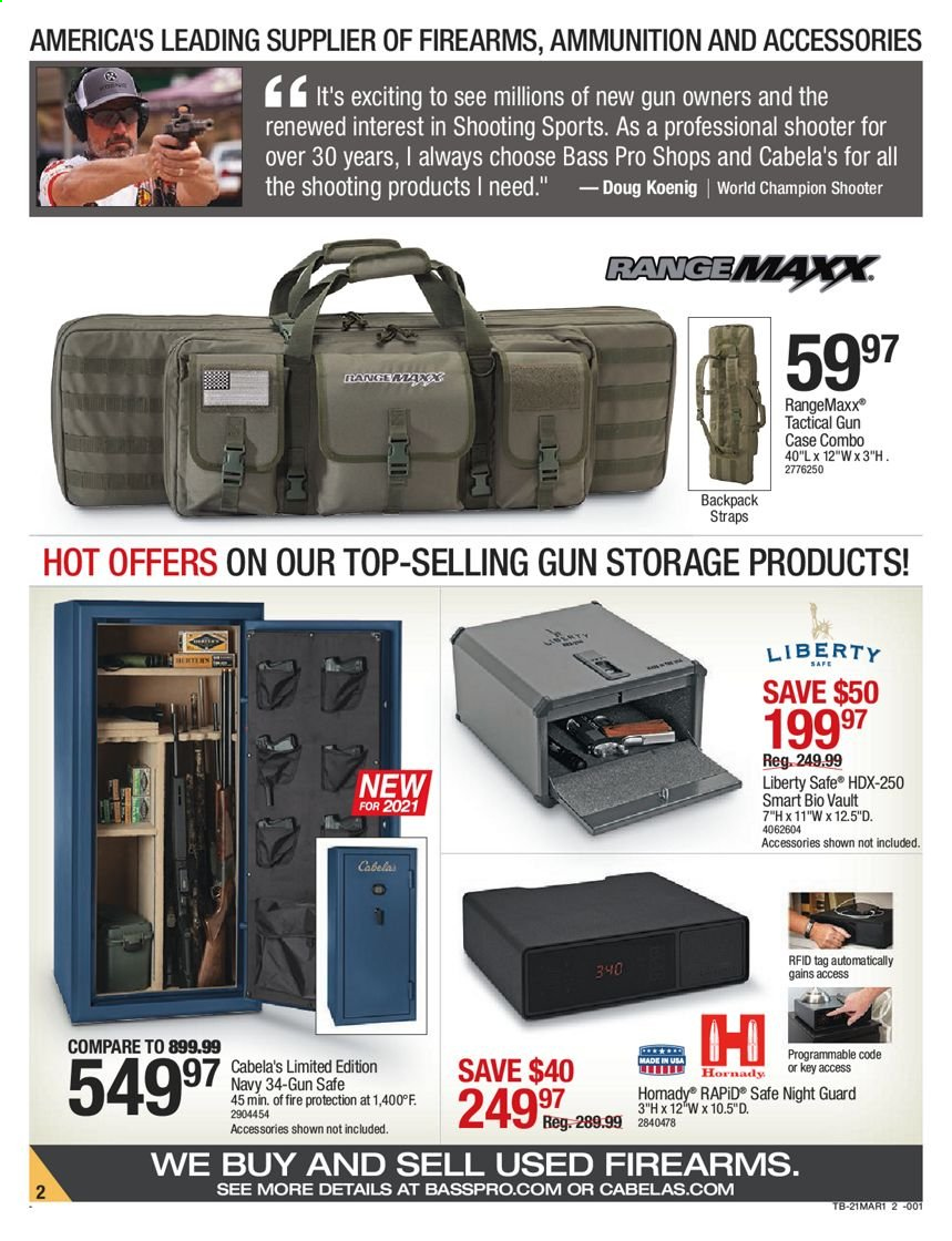 thumbnail - Cabela's Flyer - 02/25/2021 - 03/10/2021 - Sales products - backpack, Bass Pro, gun case, RangeMaxx, gun safe. Page 2.