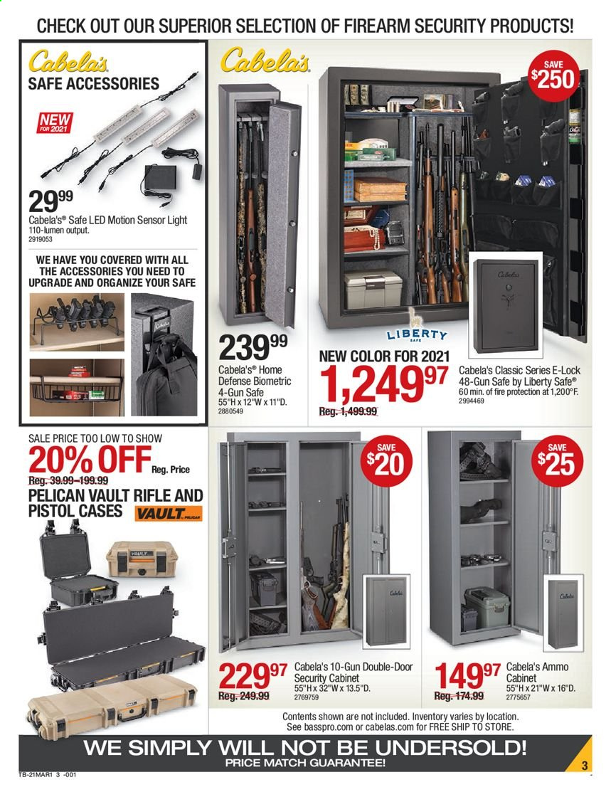 thumbnail - Cabela's Flyer - 02/25/2021 - 03/10/2021 - Sales products - motion sensor, security cabinet, gun, gun safe, pistol case. Page 3.
