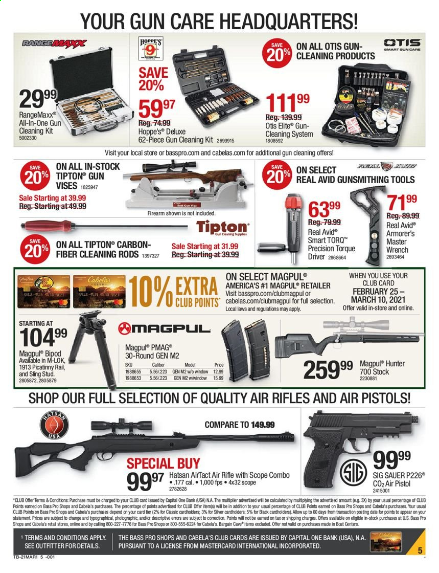 thumbnail - Cabela's Flyer - 02/25/2021 - 03/10/2021 - Sales products - Hunter, Bass Pro, rifle, SIG Sauer, pistol, bipod, RangeMaxx, gun vise, fiber cleaning rod, Magpul, scope, scope combo, wrench, torque driver, gun cleaning kit. Page 5.