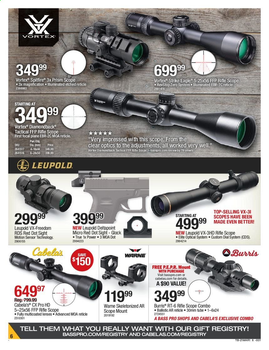 thumbnail - Cabela's Flyer - 02/25/2021 - 03/10/2021 - Sales products - motion sensor, Bass Pro, glock, Leupold, red dot sight, rifle, riflescope, optics, scope, scope mount, scope combo. Page 6.