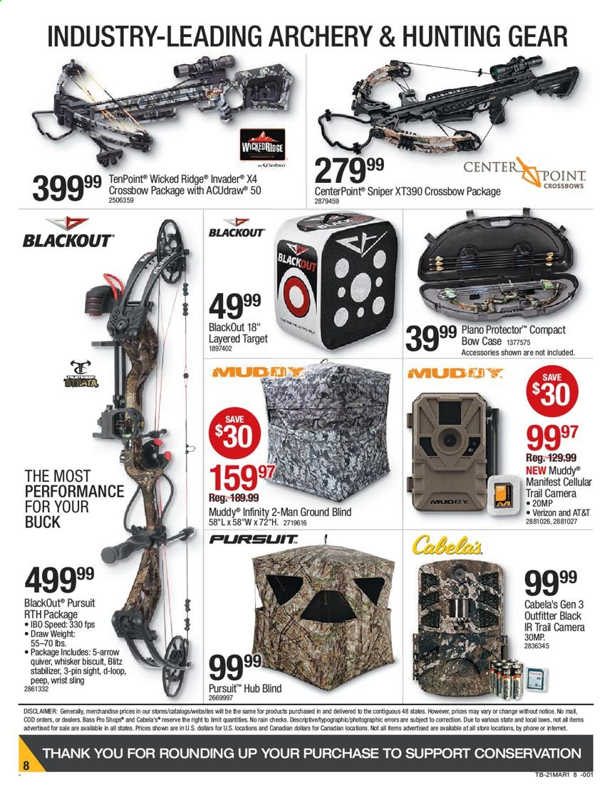 thumbnail - Cabela's Flyer - 02/25/2021 - 03/10/2021 - Sales products - Bass Pro, trail cam, wicked ridge, blackout, bow case, hub blind, layered target, crossbow. Page 8.