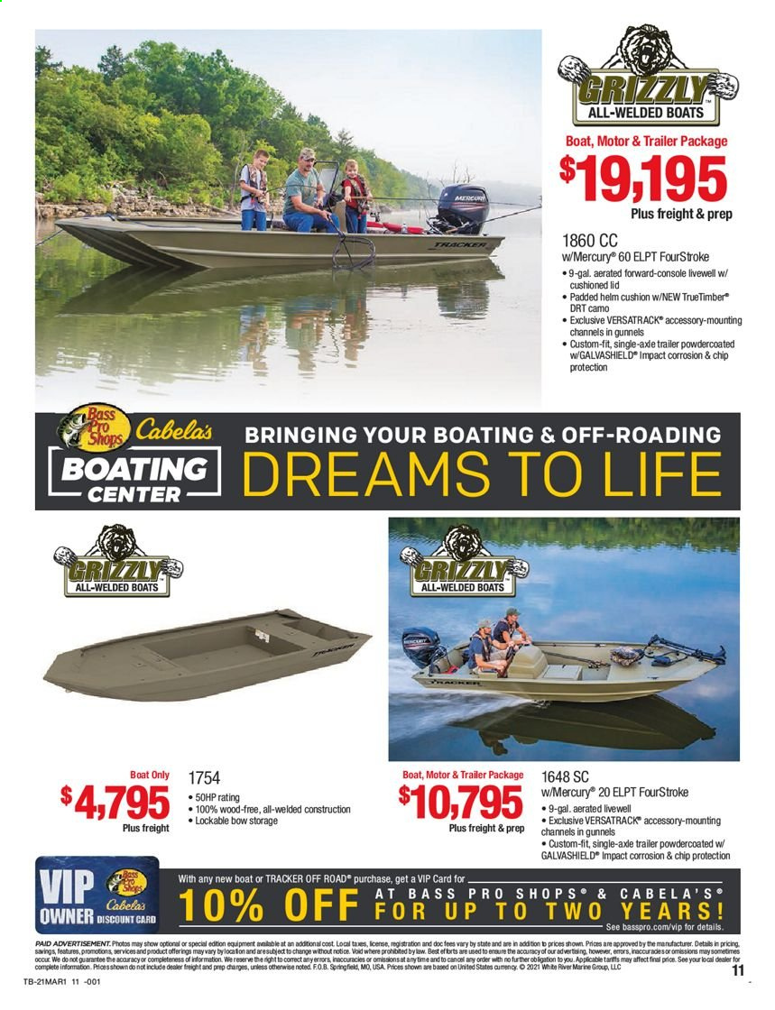 thumbnail - Cabela's Flyer - 02/25/2021 - 03/10/2021 - Sales products - Bass Pro, boat. Page 11.